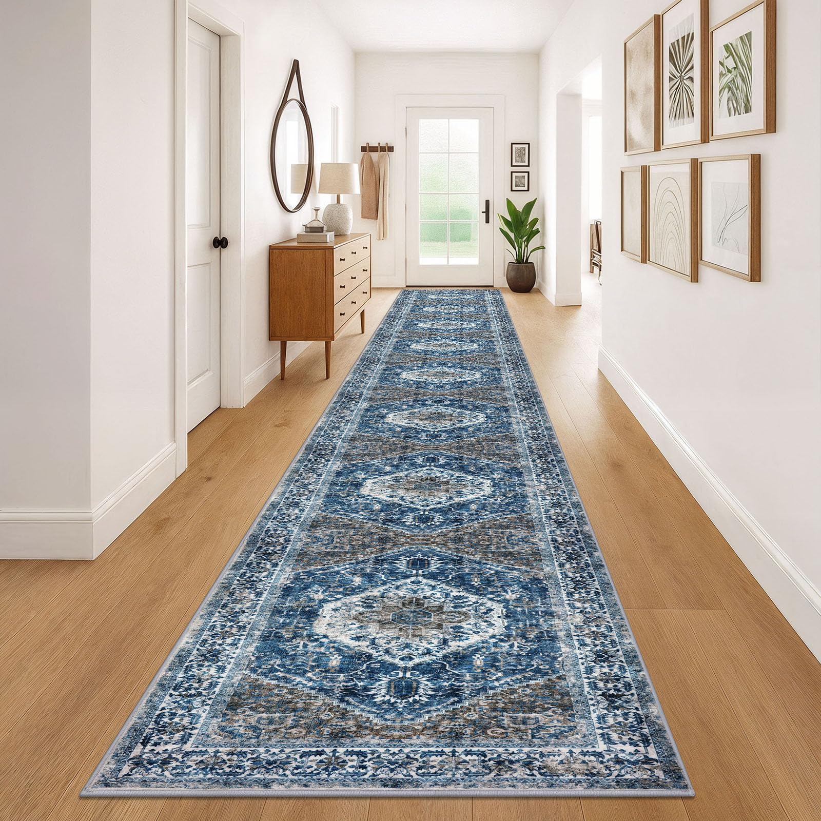 KOZYFLY Runners for Hallways 3x20 Ft Extra Long Washable Kitchen Thin Runner Rug Boho Runner Rug for Entryway Indoor Blue Printed Oriental Faux Wool Stair Floor Carpet Runner for Stair Kitchen Hall — image 1