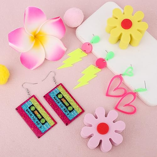 Miniatura 3 de 3 pares de aretes de neón de los años 80 y 90 para mujer, acrílico retro con cinta de corazón y relámpago, aretes de neón colgantes para discoteca