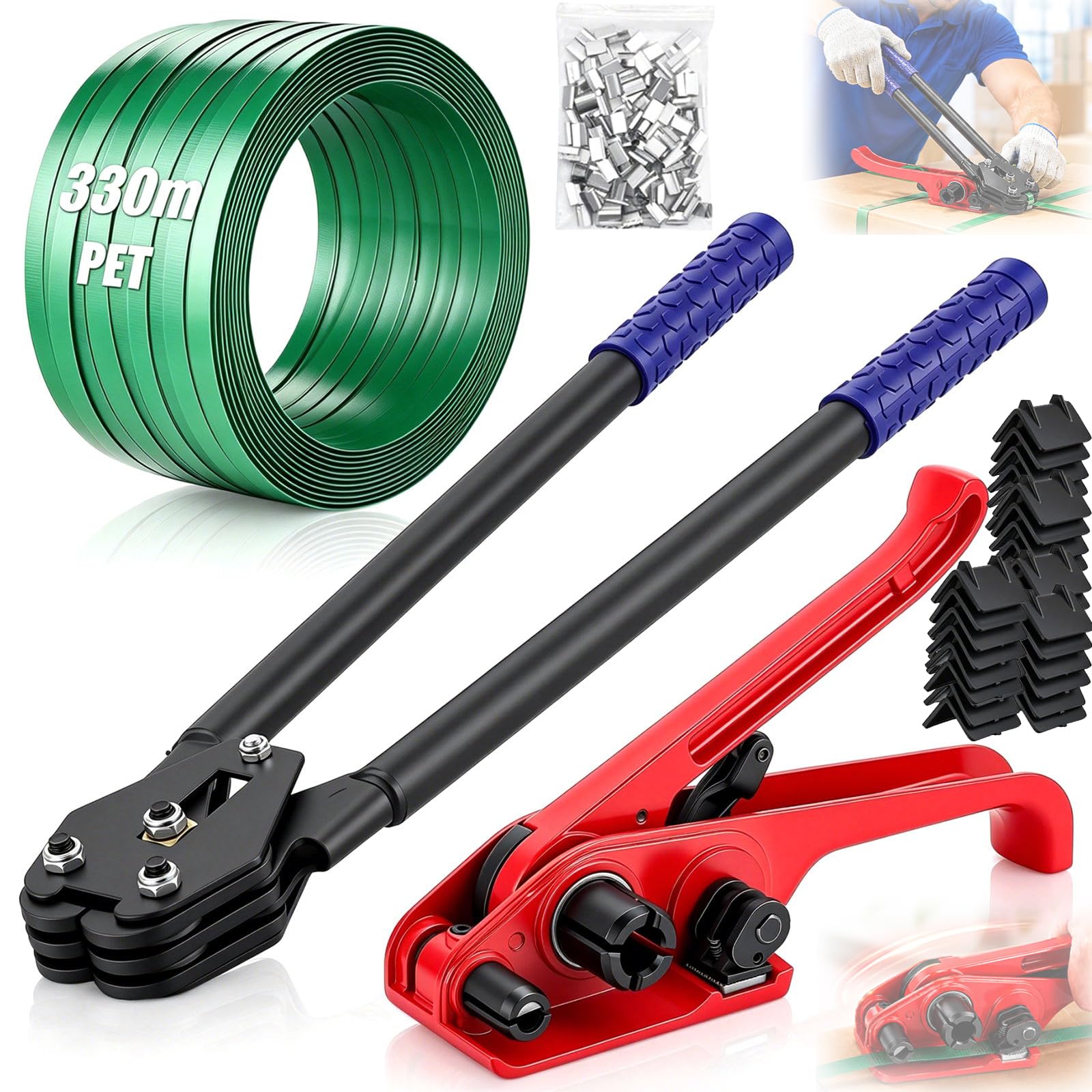 Reggiatrice Manuale, Kit di Reggiatura Manuale Reggia (12–19 mm) Tendireggia con 330 m di Reggia in PET 150 Fibbie Metalliche 100 Angolari di Protezione Set di Strumenti Manuali per l'Imballaggio