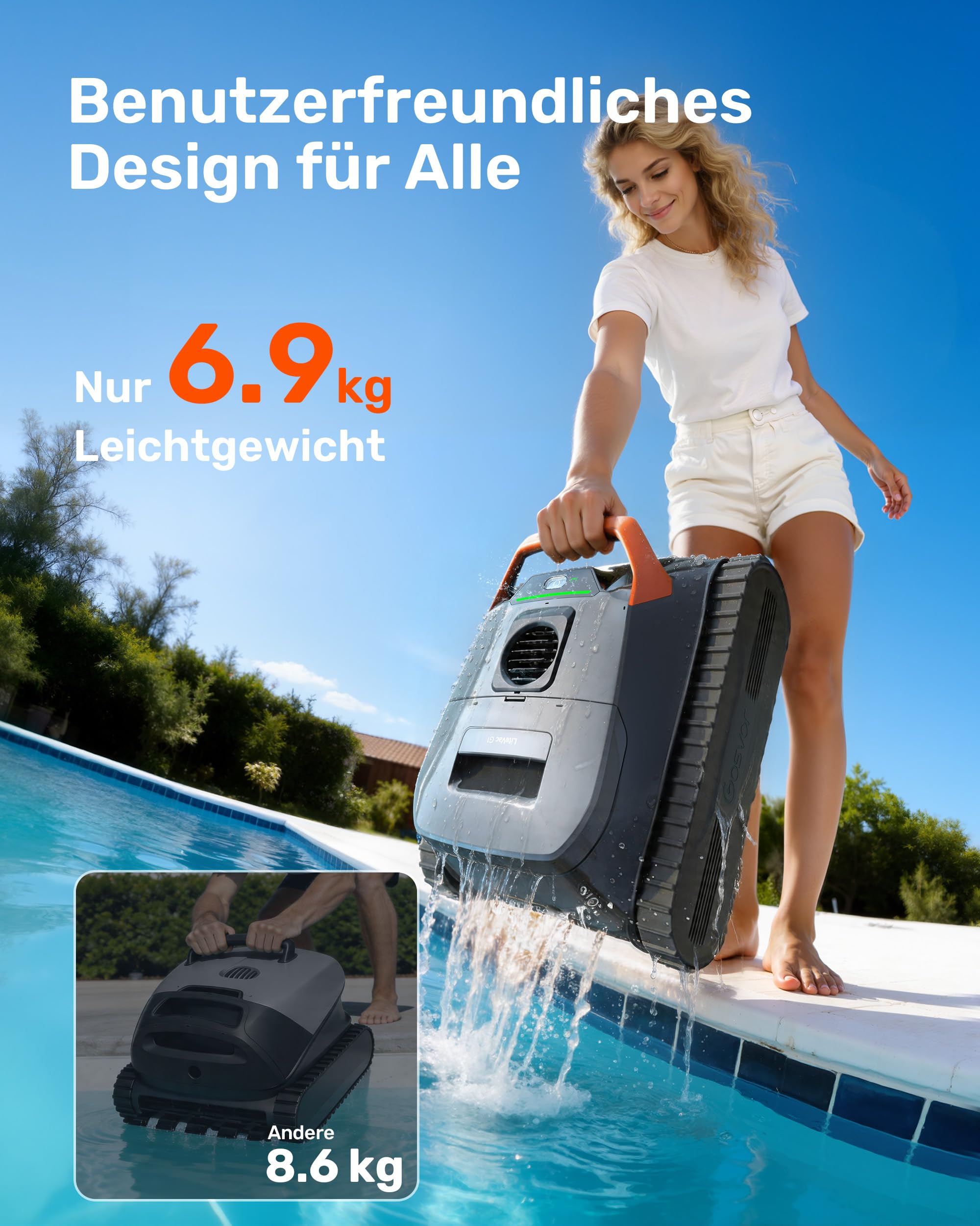 (2026 Neu) Gosvor Poolroboter Wand und Boden, Wasserlinie, Flachzone 4-in-1, Bis zu 200 Min. Laufzeit, Leichtgewicht 6,9 KG, 3μm Ultrafeiner Filter, Poolsuager Akku für Pools bis zu 200 m², Orange