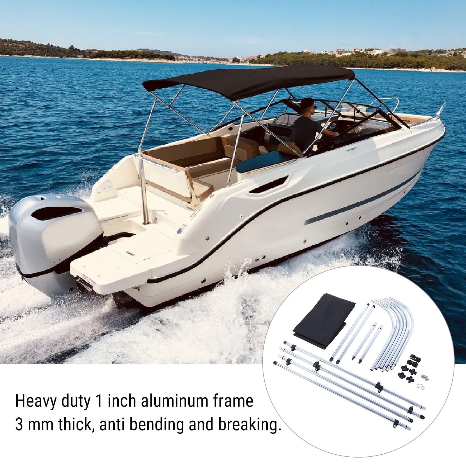 Canopato Barche, Copertura Barca a Bimini in Poliestere 600d 3 Bimini con Telaio in Lega Alluminio 1 in Runabout, Sostituzione Baldacchino Ombra Solare a Prova Acqua