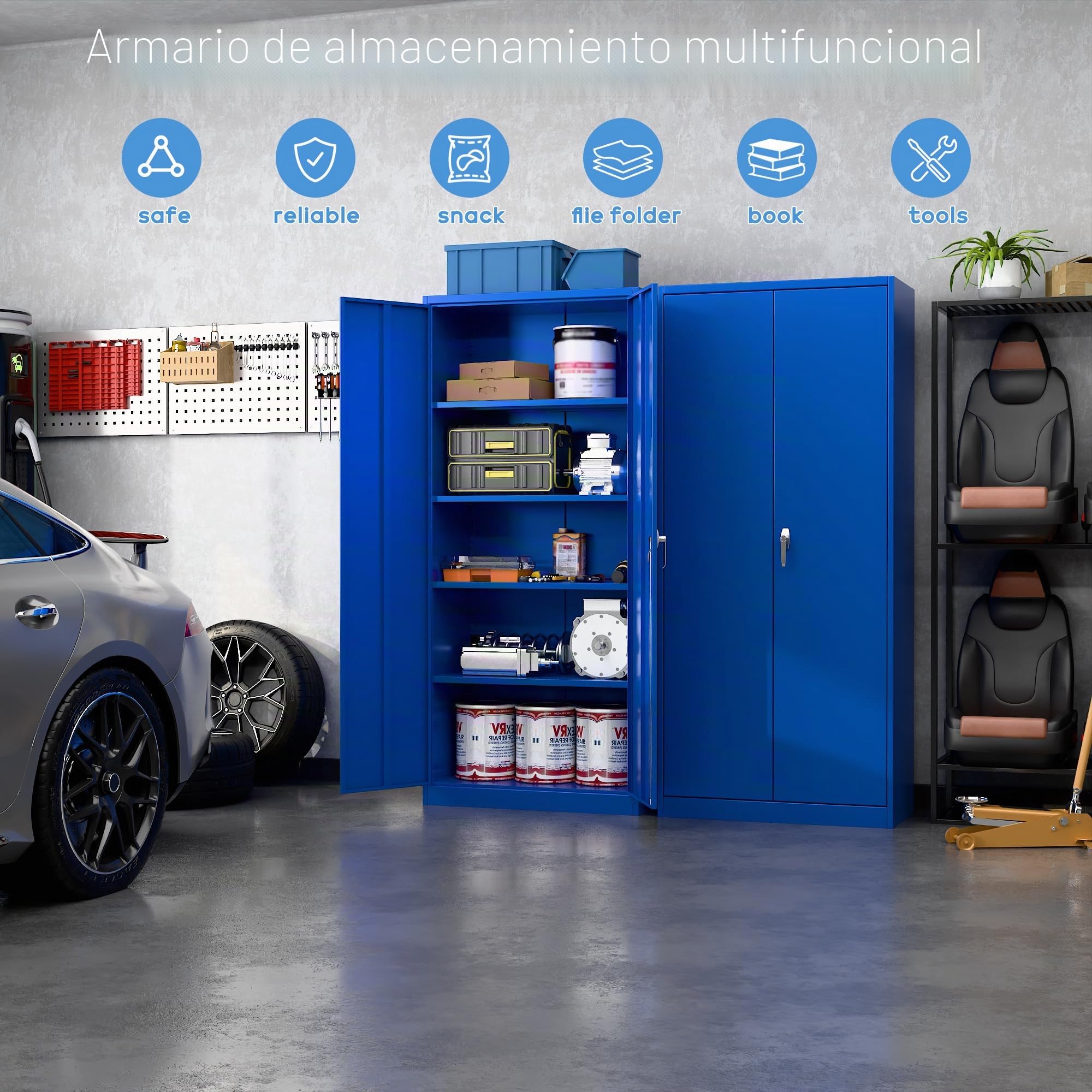 SUPEER Armario de almacenamiento de metal con 2 puertas y 4 estantes ajustables, armario de acero de 180 cm de alto para almacén, garaje, hogar, oficina, fácil de montar (azul)