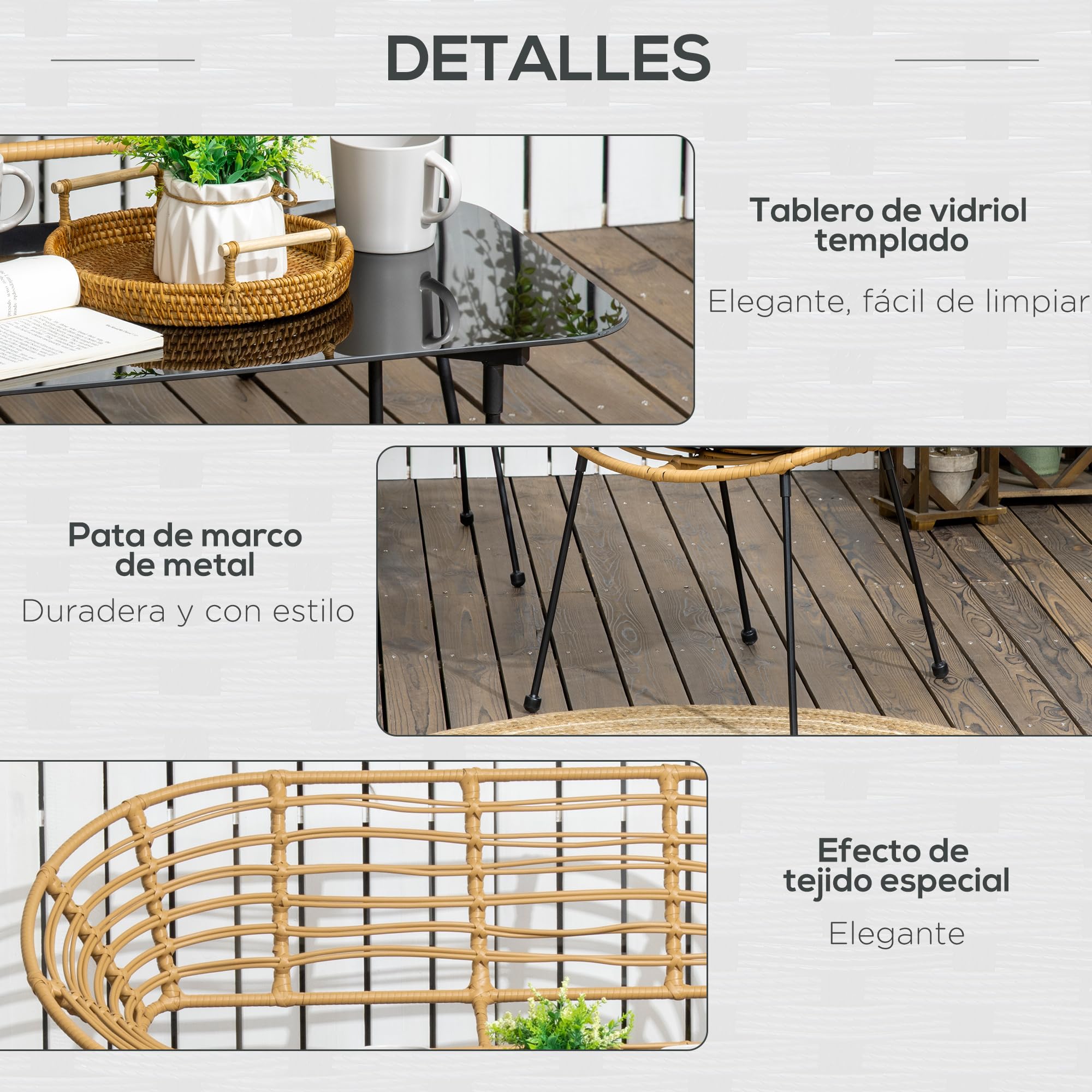 Outsunny Conjunto de Jardín Exterior de Ratán Sintético de 4 Piezas Muebles de Jardín Exterior Incluye 1 Sofá Doble 2 Sillones y Mesa de Vidrio con Cojines Natural y Negro