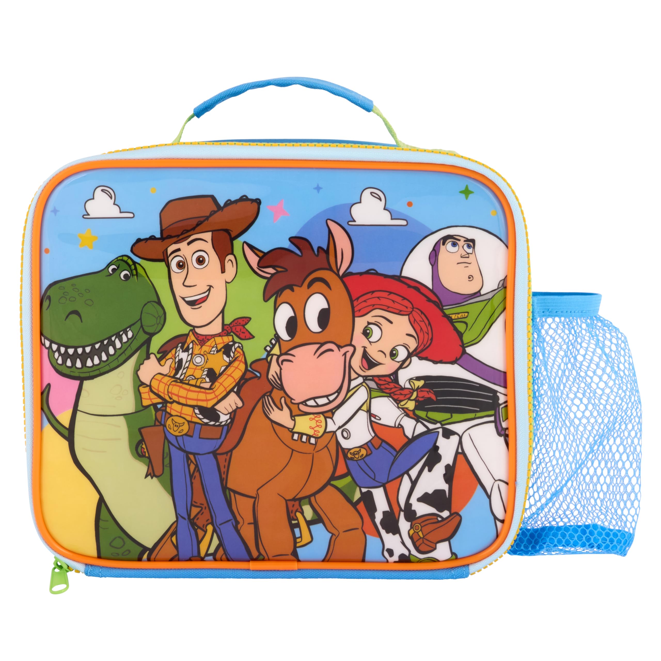 Disney Toy Story - Lonchera aislada con Rex, Woody, Bullseye, Jessie, Buzz Lightyear con forro antibacteriano y bolsillo de malla para botellas, azul, para la escuela y viajes