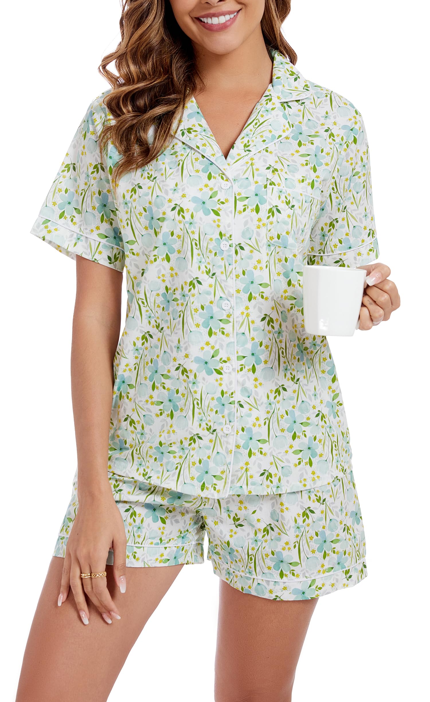 LUBOT 100% Cotton Pajamas for Women 2 Piece PJ Set Poplin Woven Lightweight Ladies Button Short Sleeve Sleepwear S-XXL