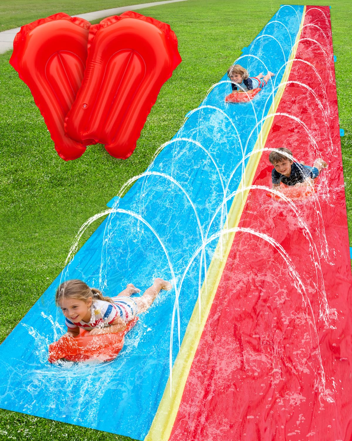 Spring Water 30ft Slip and Water Slide for Kids Backyard, Extra Long 2 Lanes Slip n Water Slide with Sprinkler, Gaint Water Slides with 2 Inflatable Bodyboards Outdoor Fun Summer Water Toys