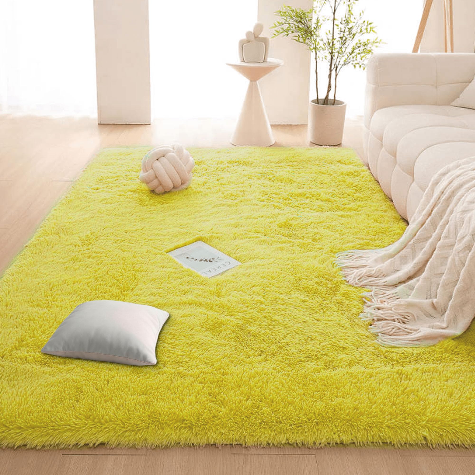 Tapis de salon shaggy 180x210 cm antidérapant et lavable jaune