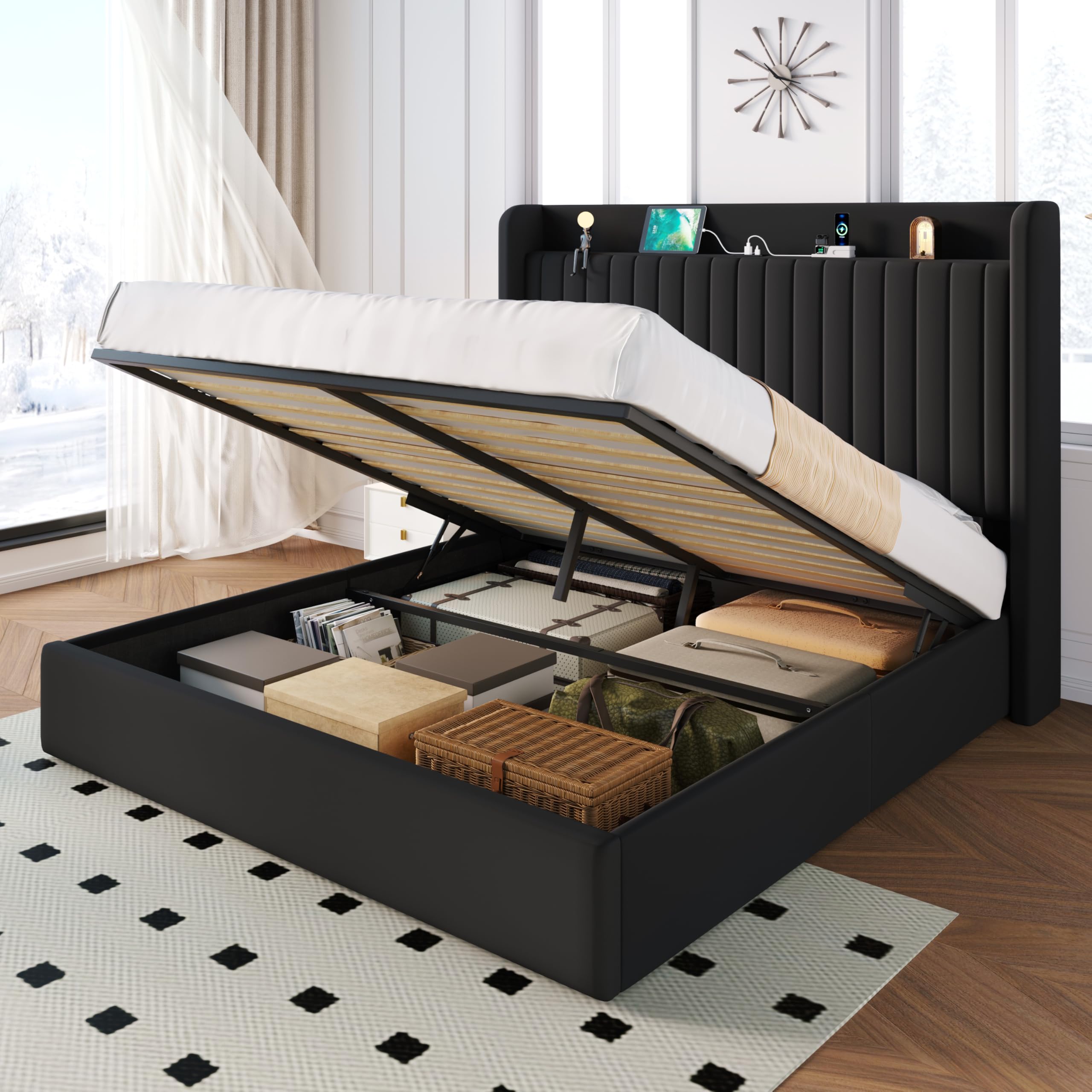 SHA CERLIN Queen Size Lift Up Storage Bed Frame with Charging Station/USB,Type-C Port/Storage Headboard/Velvet Upholstered/Hydraulic Support/No Box
