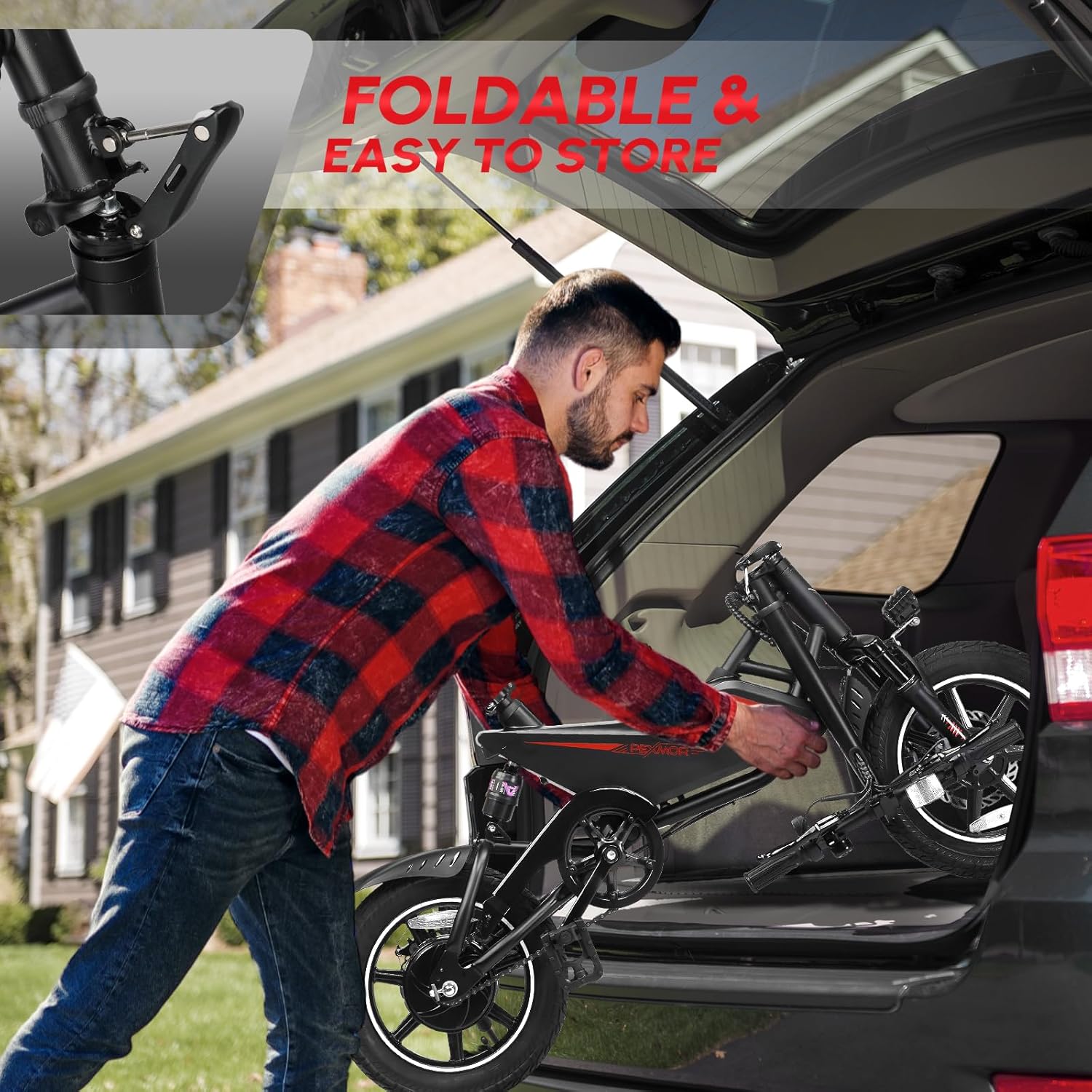 Man folding PEXMOR Electric Bike into car trunk