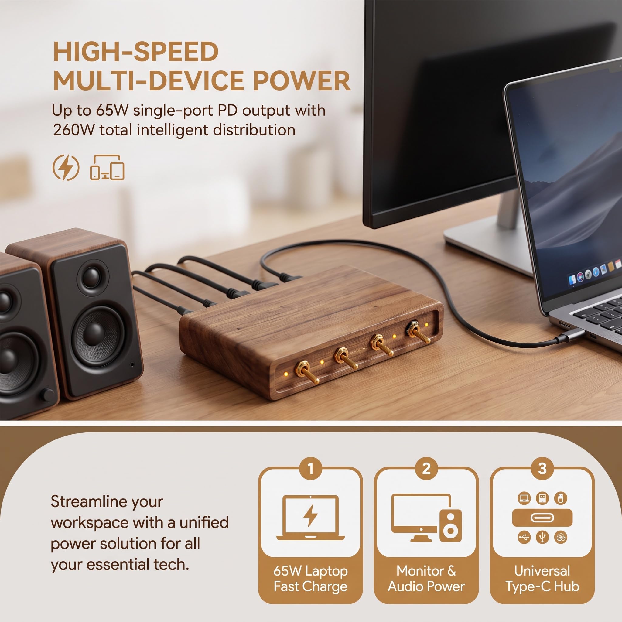 4-portowy moduł zasilania Usb-c, drewniana stacja ładująca USB, z niezależnym przełącznikiem dźwigniowym, kontrolerem zasilania biurka, 65 W do portu B 120w