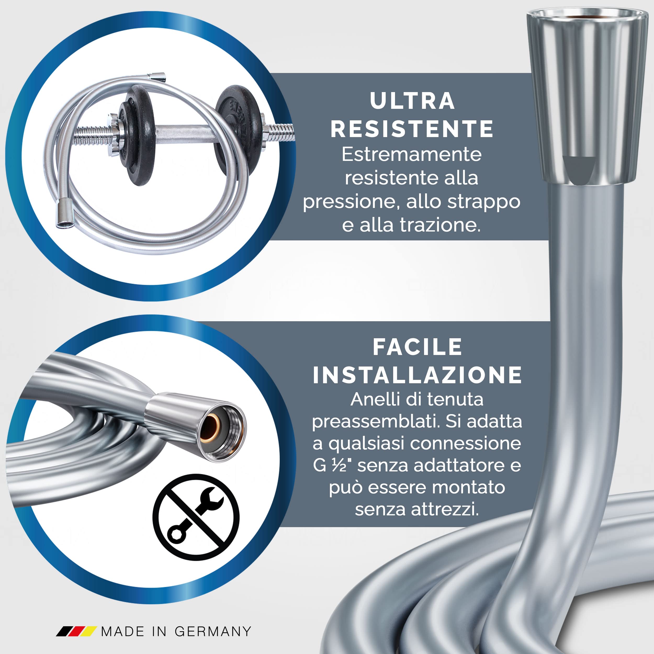 PRISMA tubo doccia 200cm MADE IN GERMANY con doppia protezione antitorsione. Tubo doccia Estremamente flessibile, a prova di torsione, con protezione antipiega.