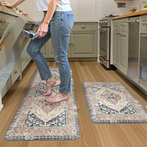 Vista 378 de KIMODE - Juego de 2 tapetes de cocina bohemios, antifatiga, antideslizantes, impermeables, ergonómicos, acolchados, cómodos, para lavandería, Caqui