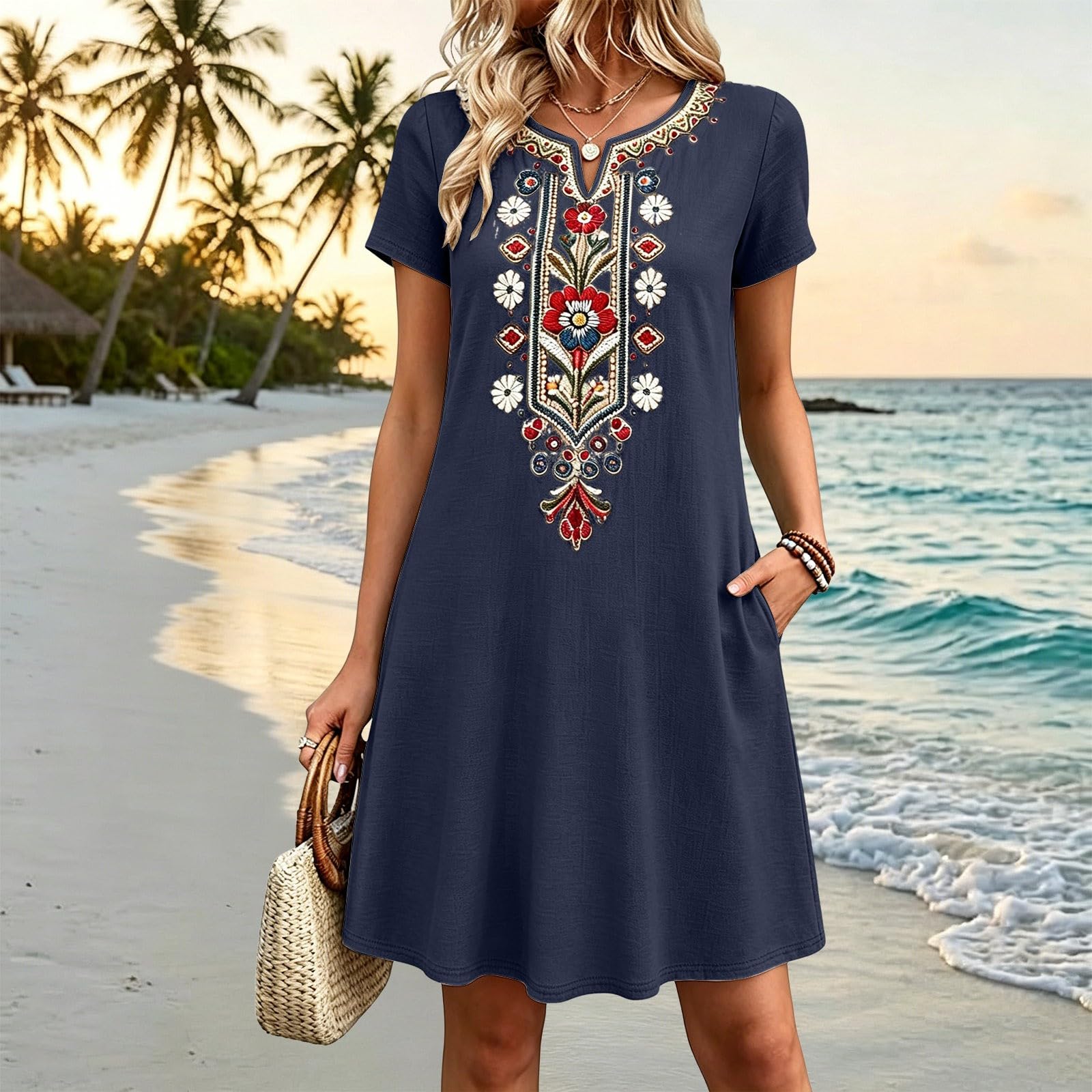 Vestiti Estivi Donna Cotone Lino Ricamo Floreale Abiti Boho Chic Dress Vestito da Mare Elegante Abiti Cerimonia Manica Corta Scollo a V al Ginocchio Vestito Donna Estivo Corto Casual