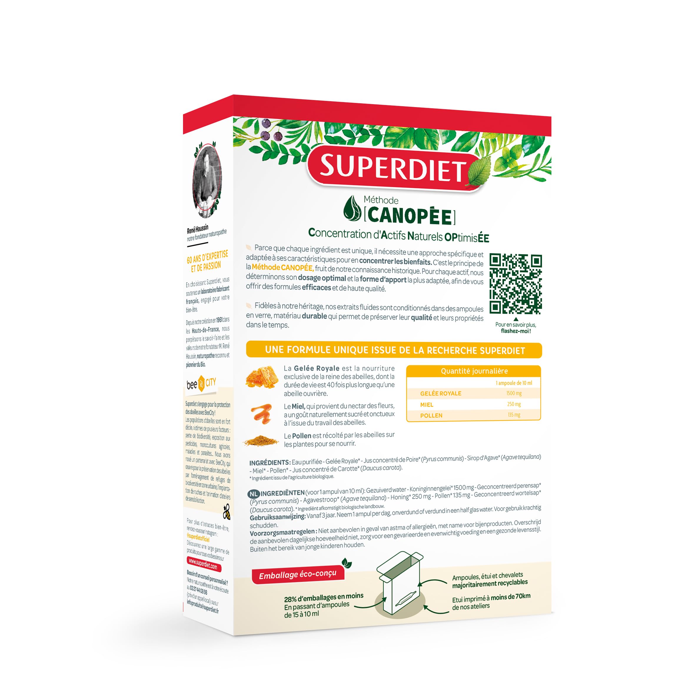 SUPERDIET-GELÉE ROYALE 1500MG BIO- Gelée royale, miel,pollen bio-Défenses immunitaires-Fabrication française-20 ampoules de 10ml