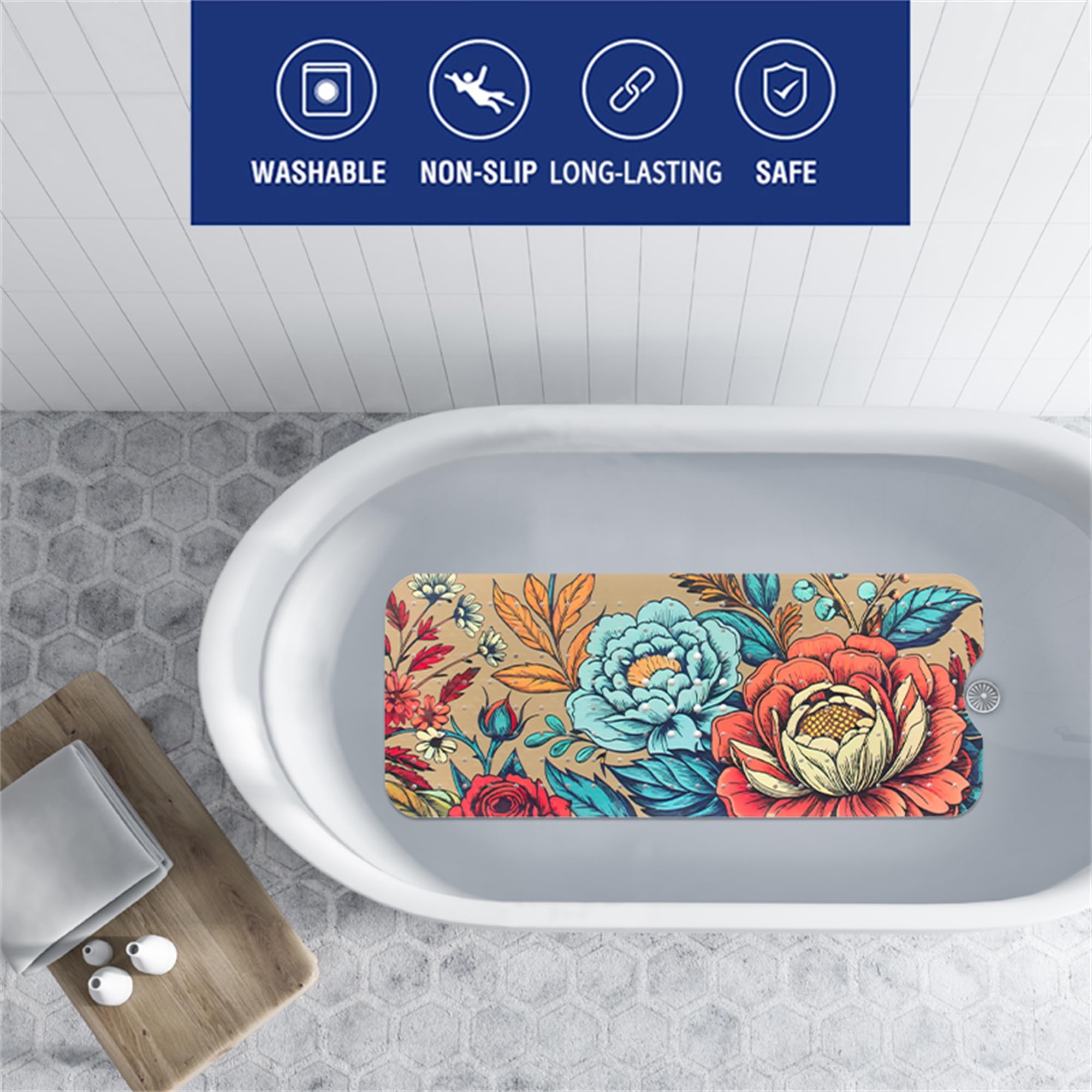 Floral Bathtub Mat Non Slip for Kids Botanical Extra Long Anti Slip Bath Mat for Tub Abstract Bath Shower Mat with Large Drain Holes and Suction Cups Quality Plant Design Bathroom Decor 40x16in - Image 2