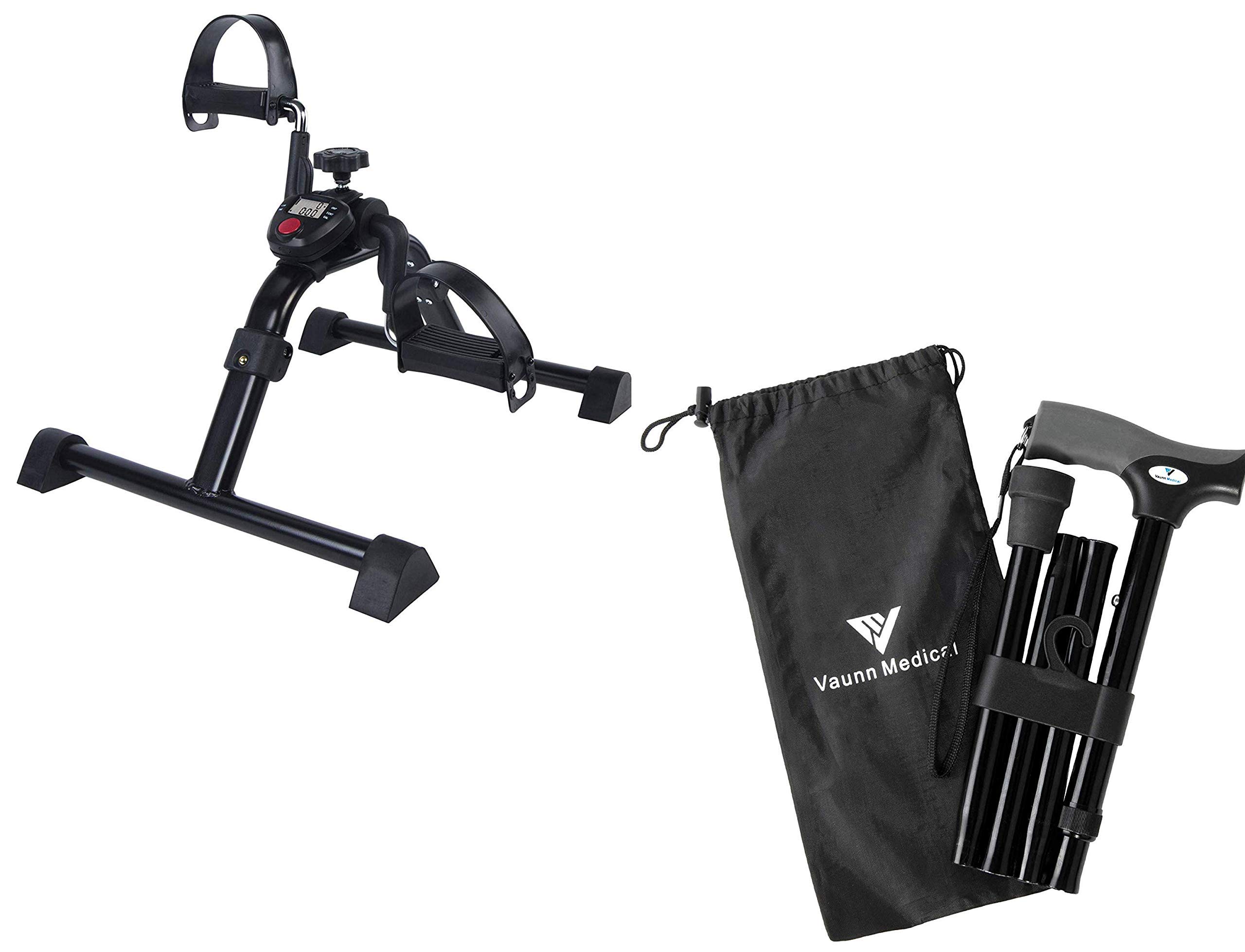 Vaunn Medical Under Desk Bike Pedal Exerciser with Electronic Display and Vaunn Medical Easy Grip™ Height Adjustable Folding Cane/Walking Stick Bundle