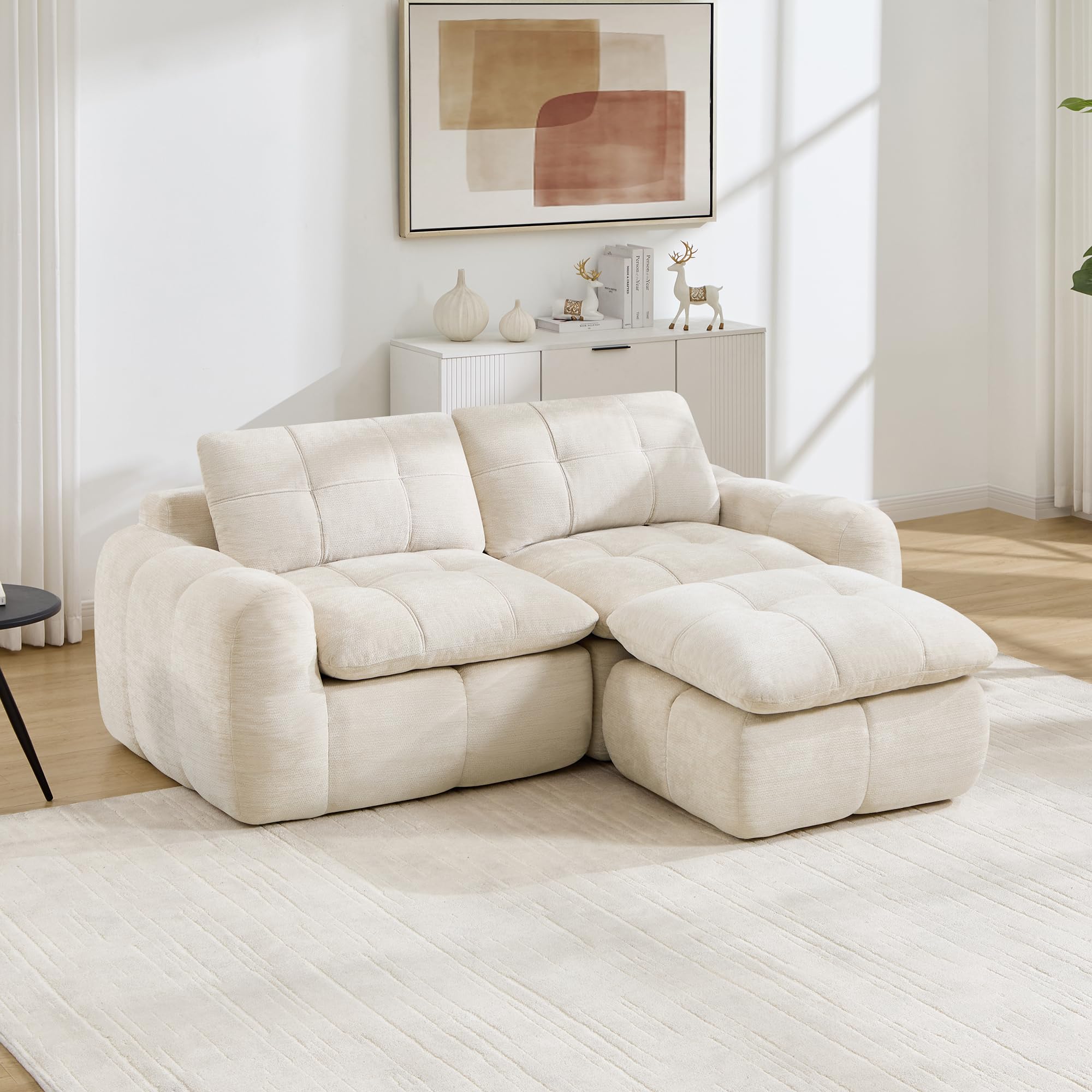 Divano a 2 posti L divano modulare con ottomano in ciniglia beige