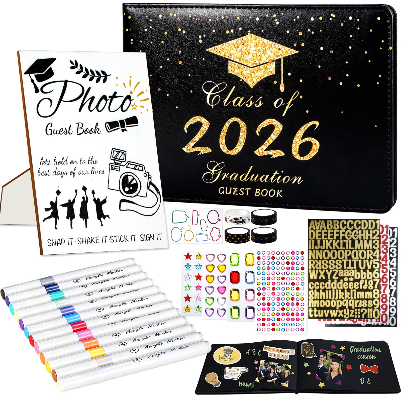 Photo 1 of 29 Pcs 2026 Graduation Guest Book Set with Graduation Photo Guest Book Sign, Graduation Scrapbook Photo Album Memory Book DIY Kit with Markers Stickers