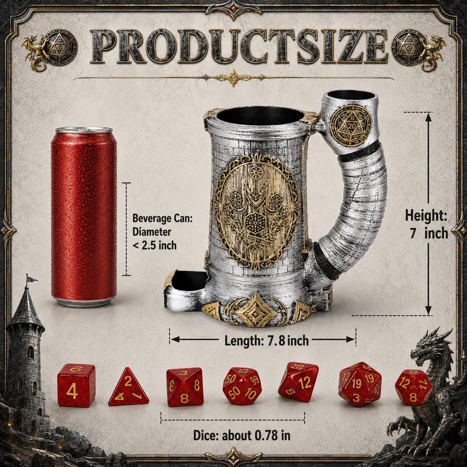 Tasse tour de dés, livrée avec un ensemble de 7 dés, convient pour les donjons et dragons DND, les jeux de table, disponible comme support de boisson, cadeaux D&D, accessoires DND (armure gris-doré)