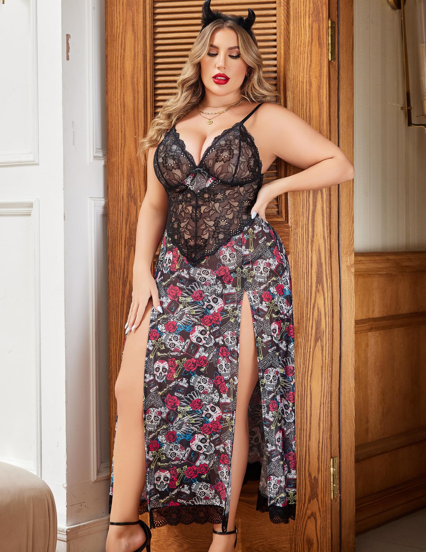 Avidlove Plus Size Lingerie for Women Sexy Lace Babydoll Long Lingerie Dress Side Split Nightgown: Ghost Face Print 3X-Large