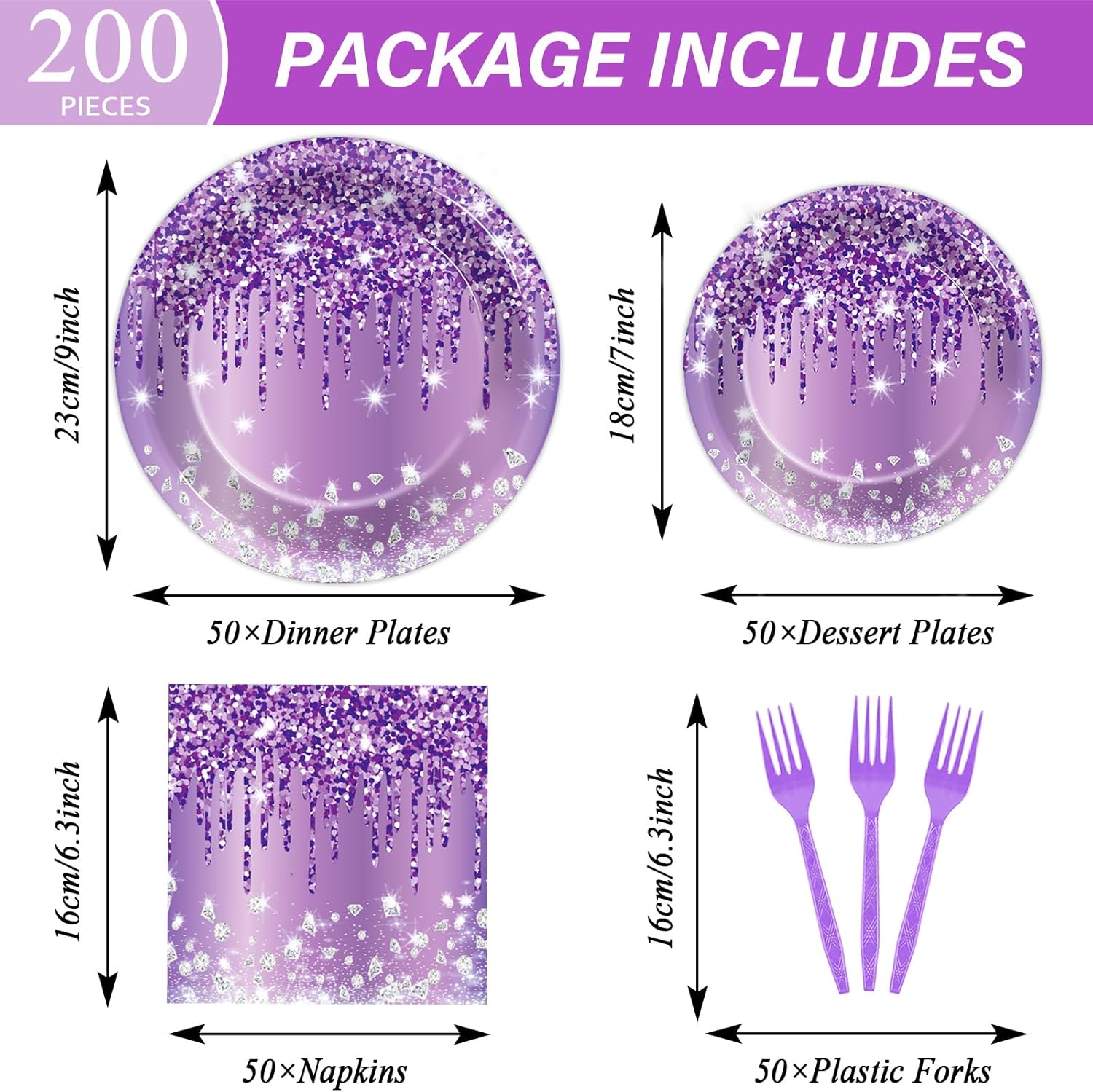 200PCS Purple Birthday Party Plates and Napkins Purple And Silver Birthday Party Decorations Purplish silver Theme Tableware Set Serves 50 Guests Girls Ladies Women Wedding Favors - Image 2