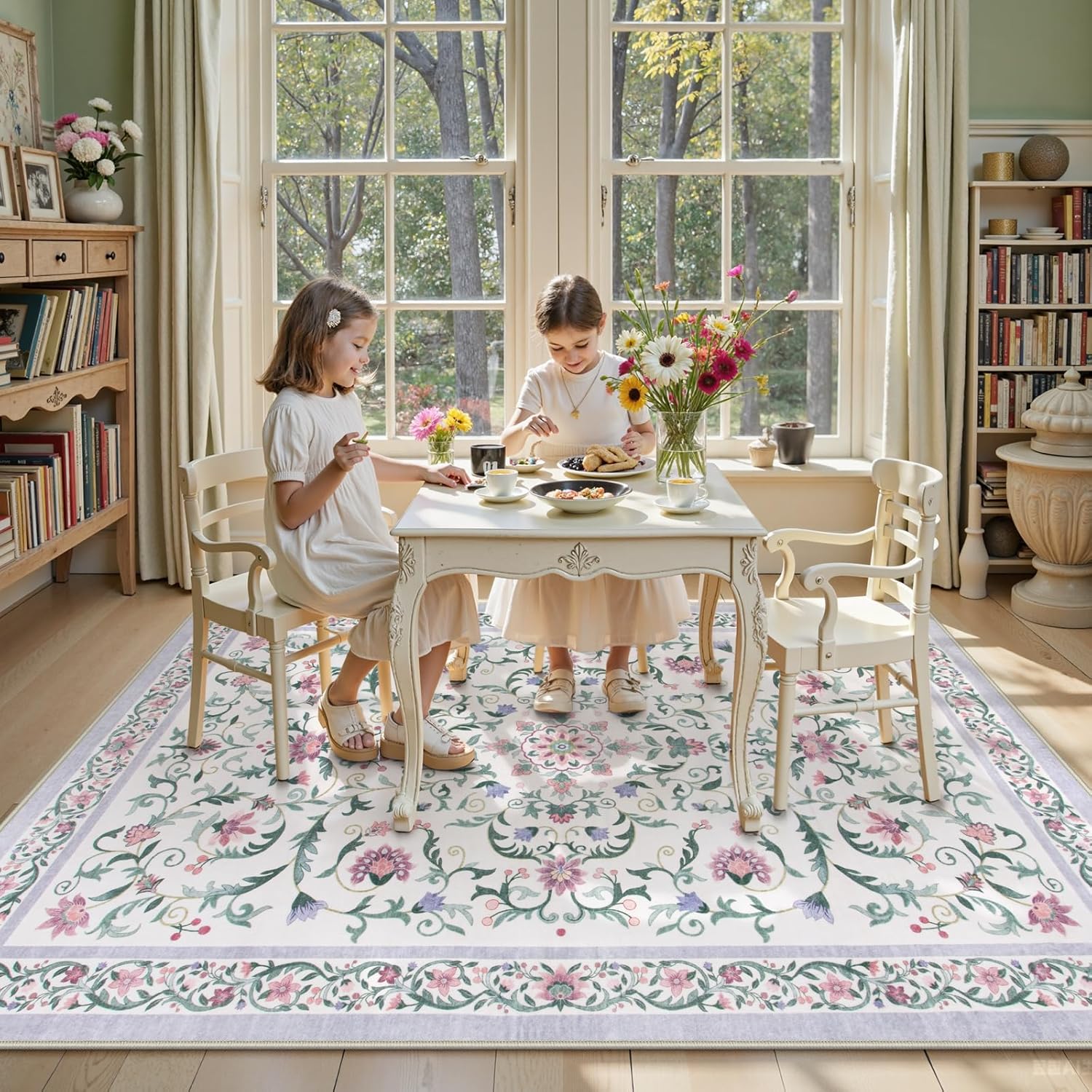 Lahome 5x7 Purple Floral Rugs for Bedroom Living Room Soft Washable Non-Slip Low Pile Lavender Area Rug for Girls Nursery Playroom College Dorm Vintage Cute Boho Cottage Core Indoor Floor Carpet