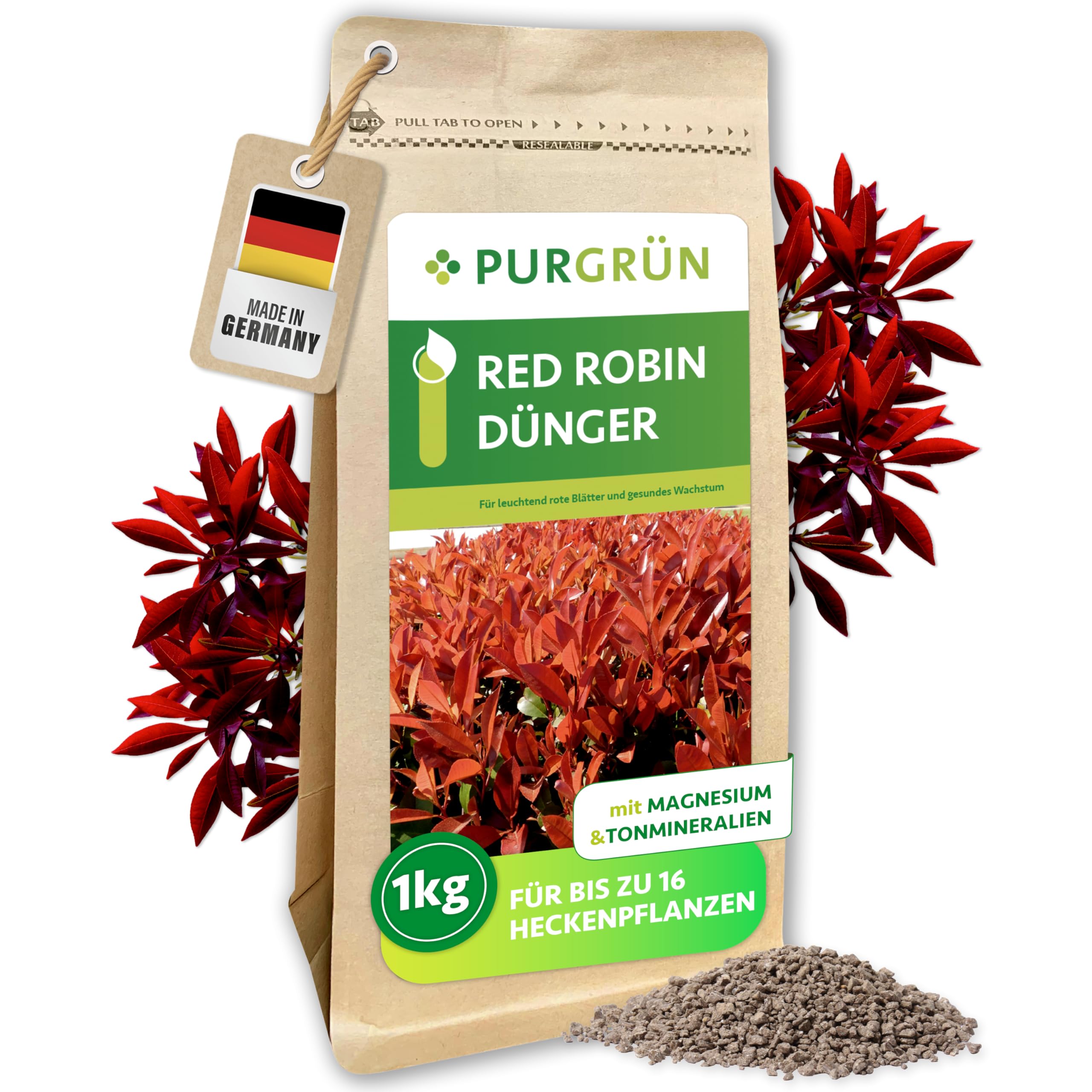 Purgrün® Red-Robin-Dünger 1 kg – Magnesium für eine intensive Blattfärbung – Erhöhte Widerstandskraft dank Kalium – Verbessert die Bodenqualität mit Tonmineralien – Heckendünger für ca. 30 Pflanzen
