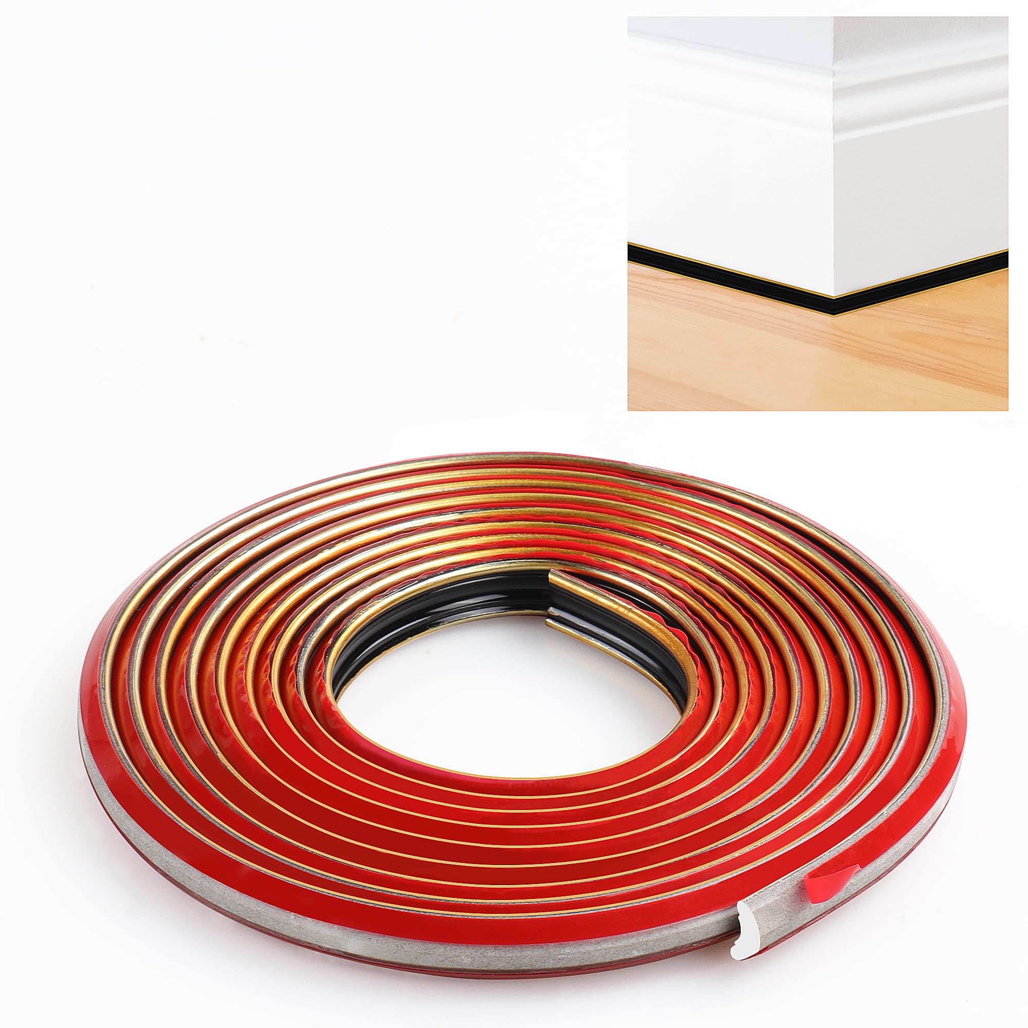 JUNART TPE Skirting Board Trim, Flexible Caulk Strip Moulding Trim, Self-Adhesive Edging Strip Coving for Wall, Ceiling, Corner Decoration, Worktops, Floor(12×9mm,500cm,Black Gold)