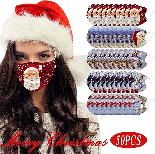 Miniatura 2 de 50 mascarillas desechables de Navidad con diseños, 3 capas transpirables de invierno con alambre nasal