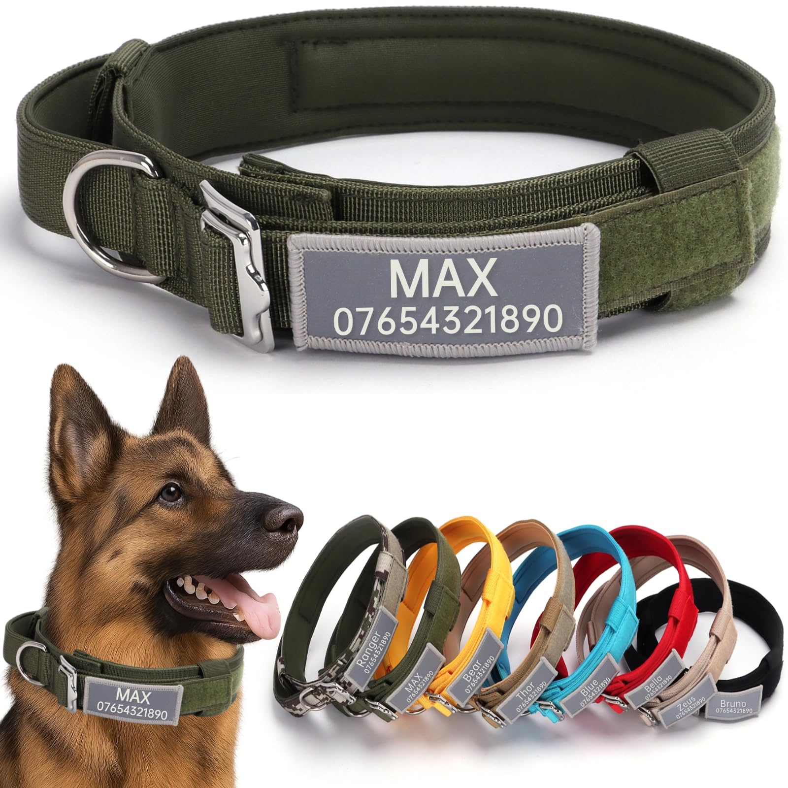 SEOUGEE Tactical Dog Collar Personalised with Handle, Soft Padded Dog Collars with Custom Reflective Name Patch, Adjustable Collars with Portable Buckle for Medium Large Dogs Training (Green, XL) — image 1