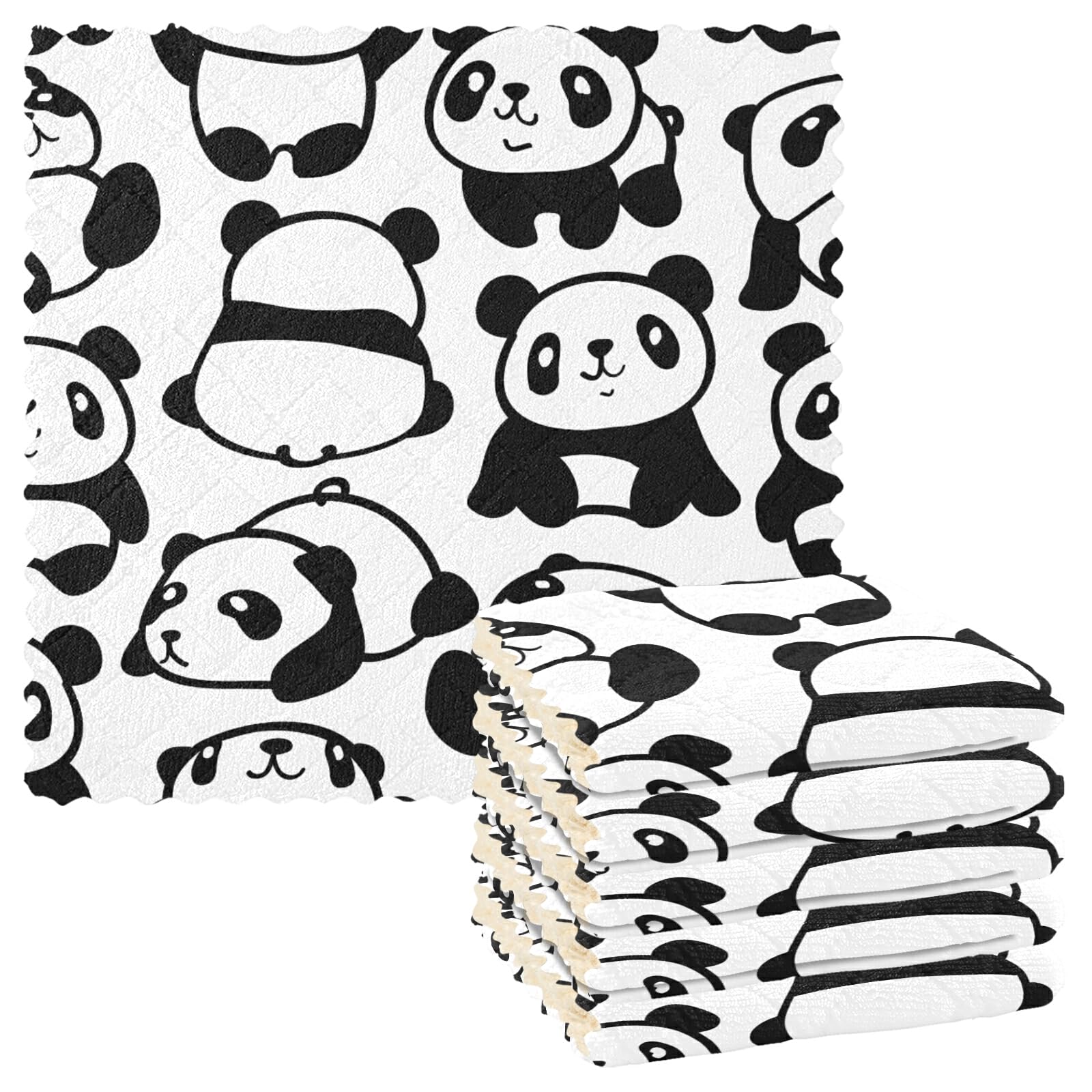Poeticcity White Seamless Black Pandas Panda On 6 Set Kitchen Dish Towels, Washcloths Cleaning Cloths Dish Cloths, Absorbent Towels Lint Free Bar Tea Soft Waffle Towel 11"X11"