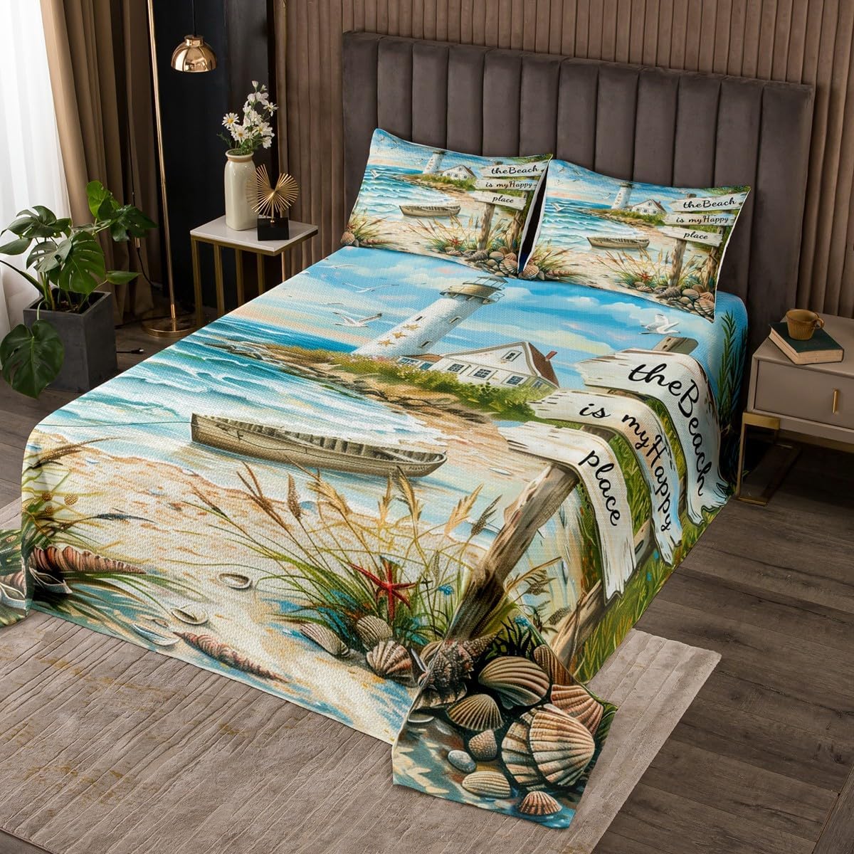 Erosebridal Lighthouse Beach Quilt Set Queen Size for Kids Teens Adults,Oil Painting Ocean Coverlet Set,Nautical Theme Bedspread Set,Seagull Bed Cover Bedroom Decor