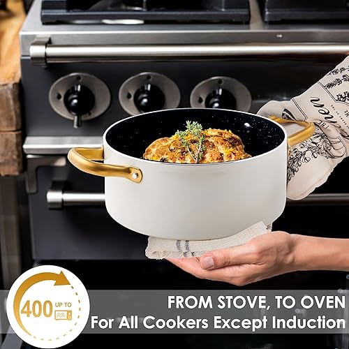 Miniatura 5 de Juego de ollas y sartenes de cerámica, juegos de utensilios de cocina no tóxicos con horno holandés, sartén, cacerola, sartén, sartén, juego de