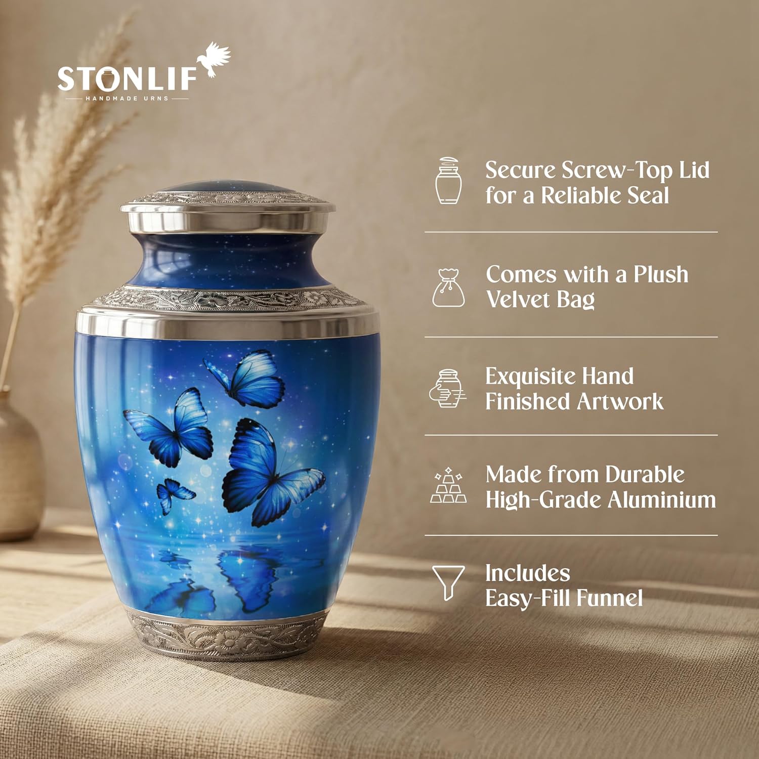 Blue Butterfly Urn for Female – Large 200 Cubic inches Adult Funeral Memorial Urn – Decorative Urn for Female – Burial or Home Display