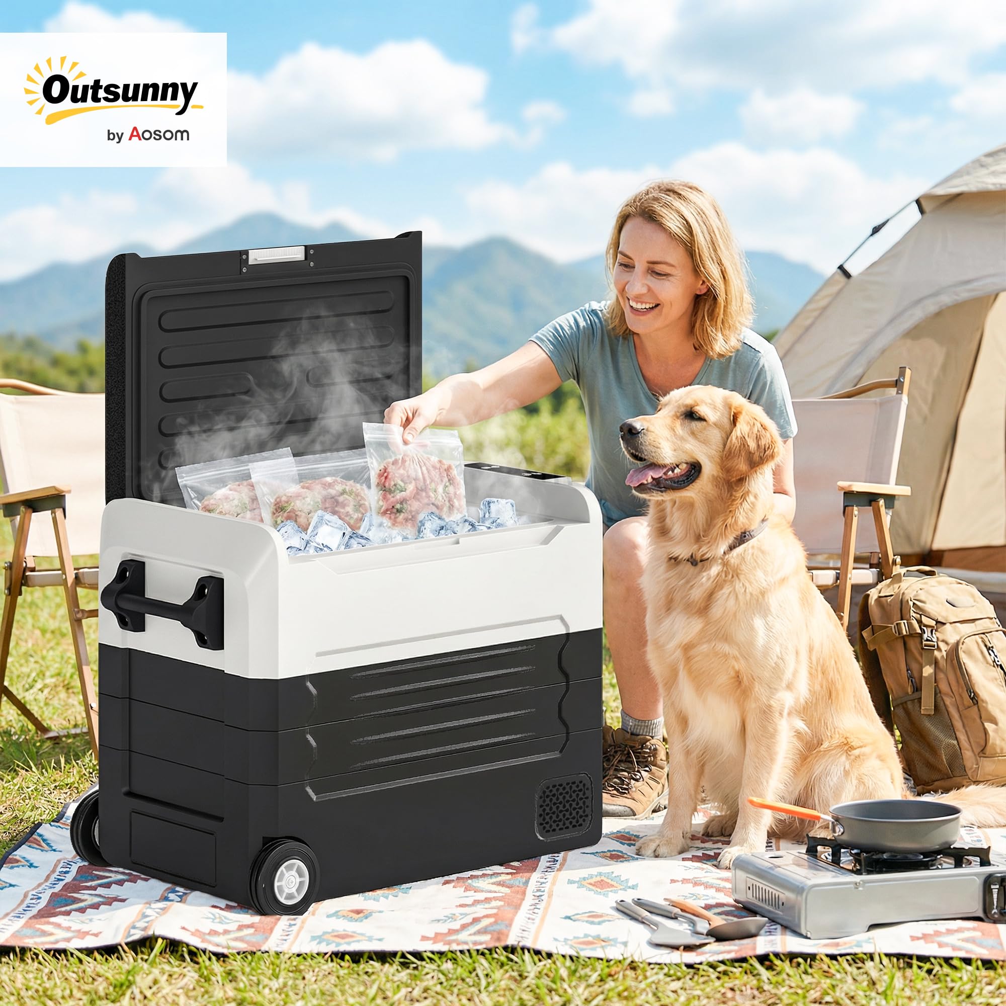 Outsunny Glacière Électrique Voiture 50L - Réfrigérateur Portable à Compression -20 à 20 ℃ Charge 300kg - Frigo de Voiture Double Zone, Refroidissement Rapide, App - 12V 24V 220V Van Camping-car, Noir