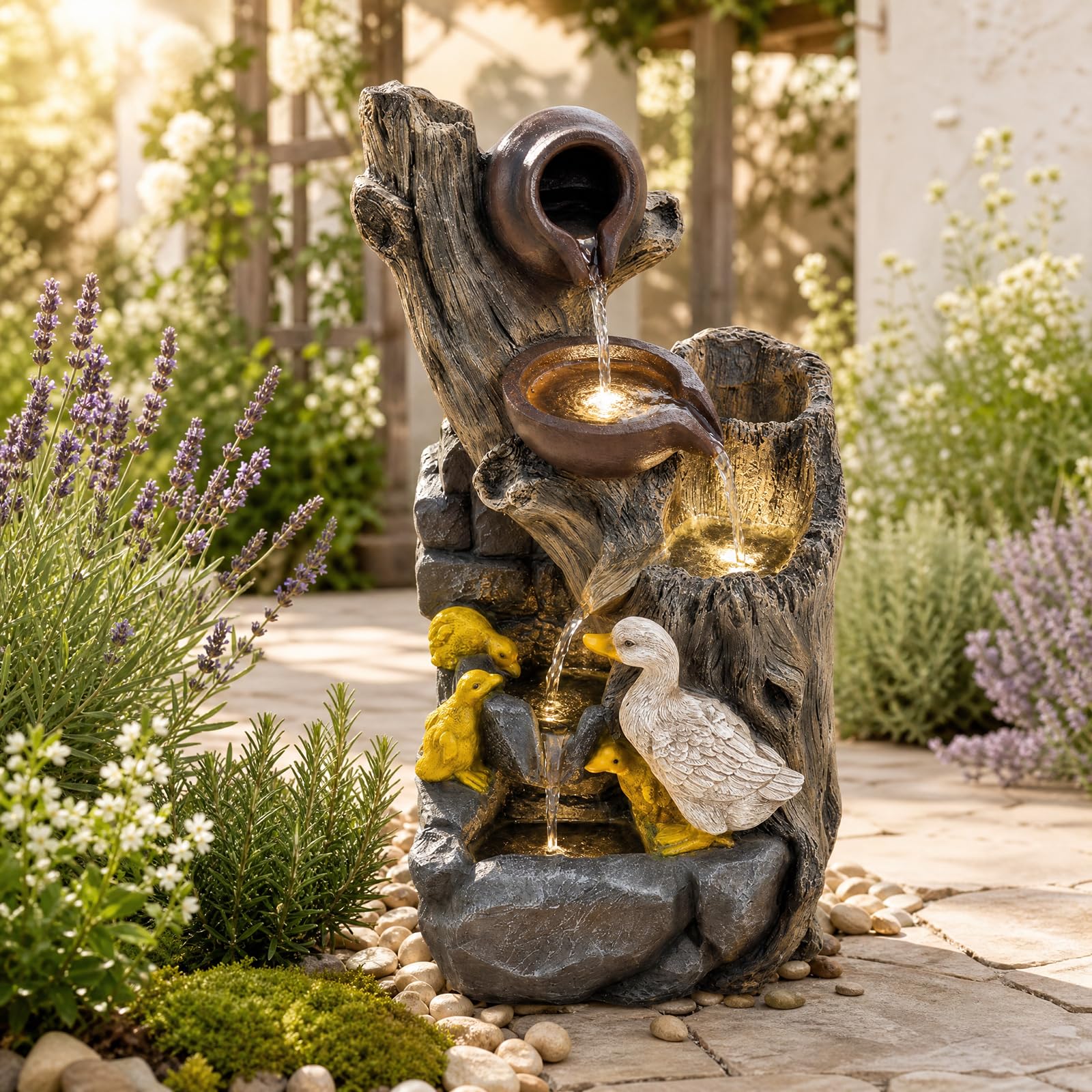 GYMAX Fuente de Jardín de 4 Niveles, Fuente Decorativa con Motivo de Patos | Fuente con Luz LED y Bomba,Cascada para Jardín, Terraza y Interior, 30 x 27 x 57 cm