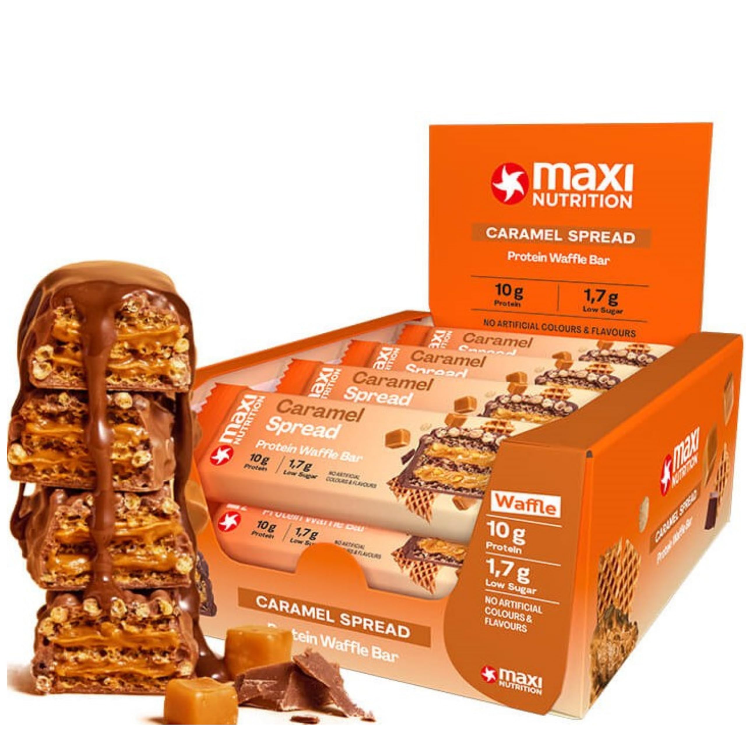 MaxiNutrition Caramel Spread Protein Waffle Bar 12 x 39g bar, 10g protein, 192 kcal, 14g carbs per bar