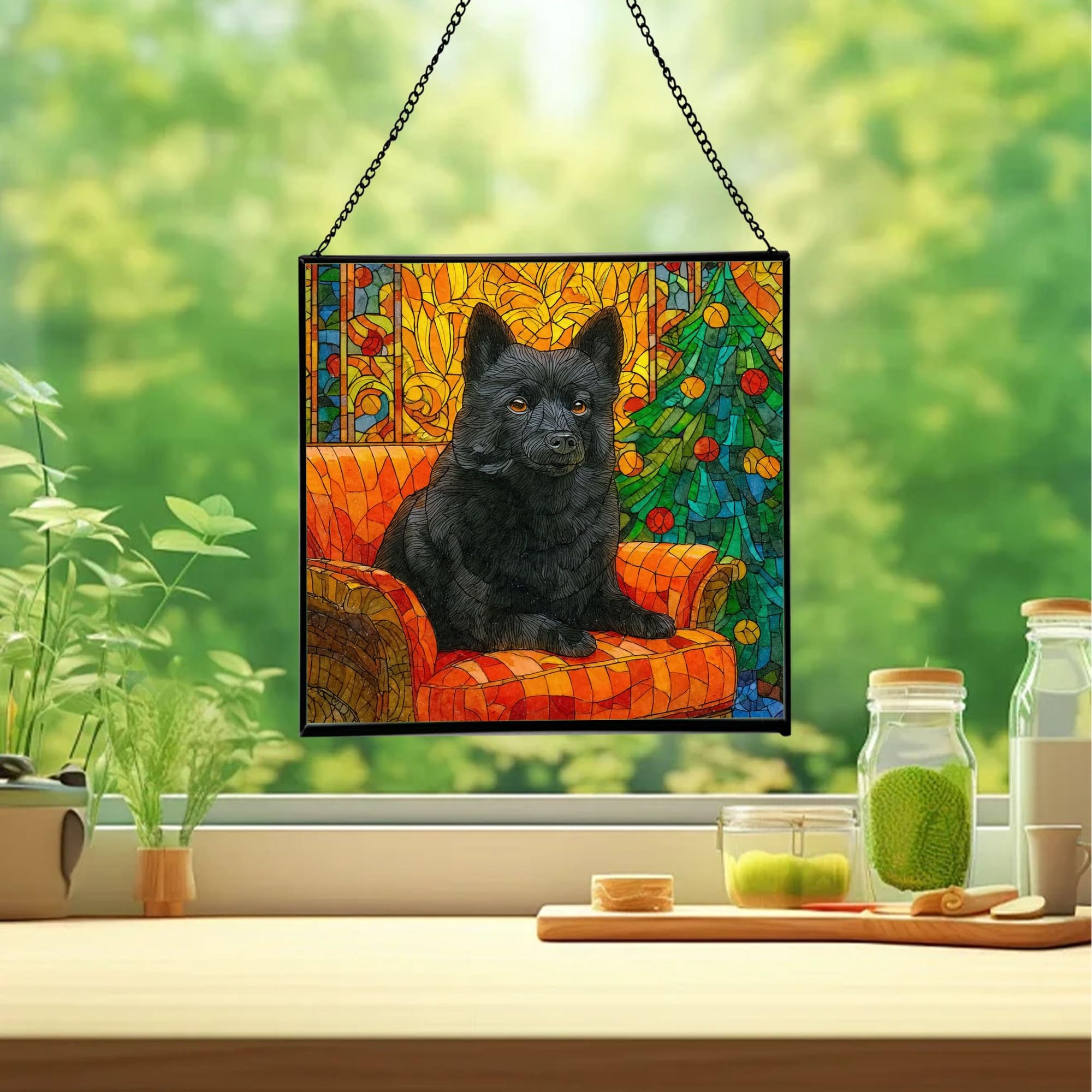 Schipperke Christmas Stained Glass Suncatcher – Square Hanging Holiday Window Panel with Cozy Fireplace Scene – Winter Glass Art Decoration Gift for Animal Lovers, Pet Owners Fs8BVA