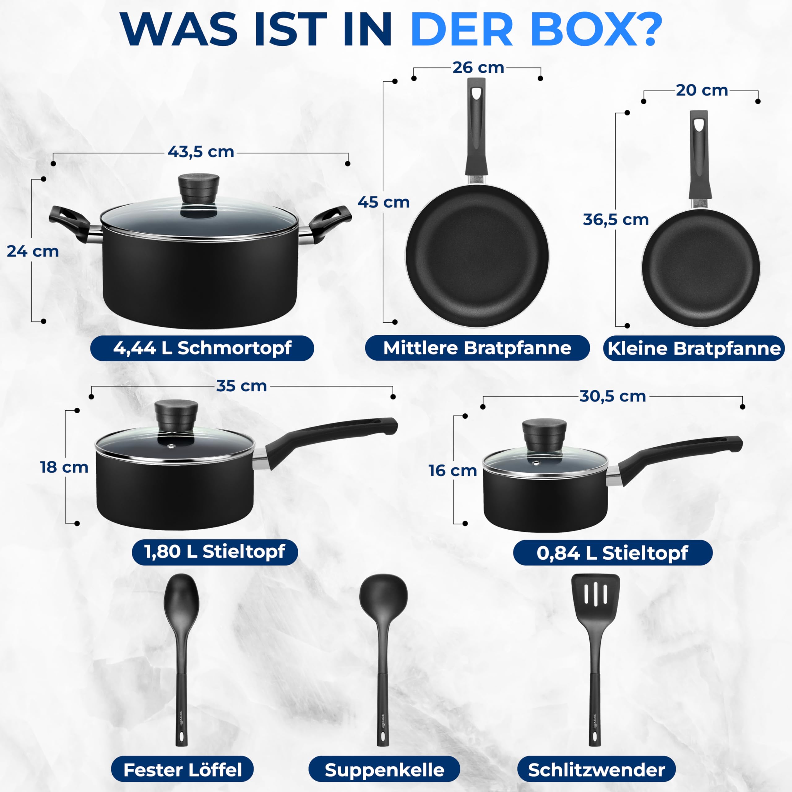 SereneLife Töpfe & Pfannen, 11 teiliges Kochgeschirr Set, Antihaftbeschichtet, Inklusive Küchenzubehör, Für Gas-, Elektro- & Keramikherde, PFOA/PFOS-frei, Schwarz