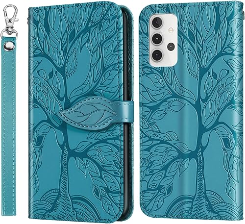 Funda tipo cartera para Samsung Galaxy A32 5G, piel sintética, con función atril y correa para muñeca, ranuras para tarjetas, funda para Samsung A32