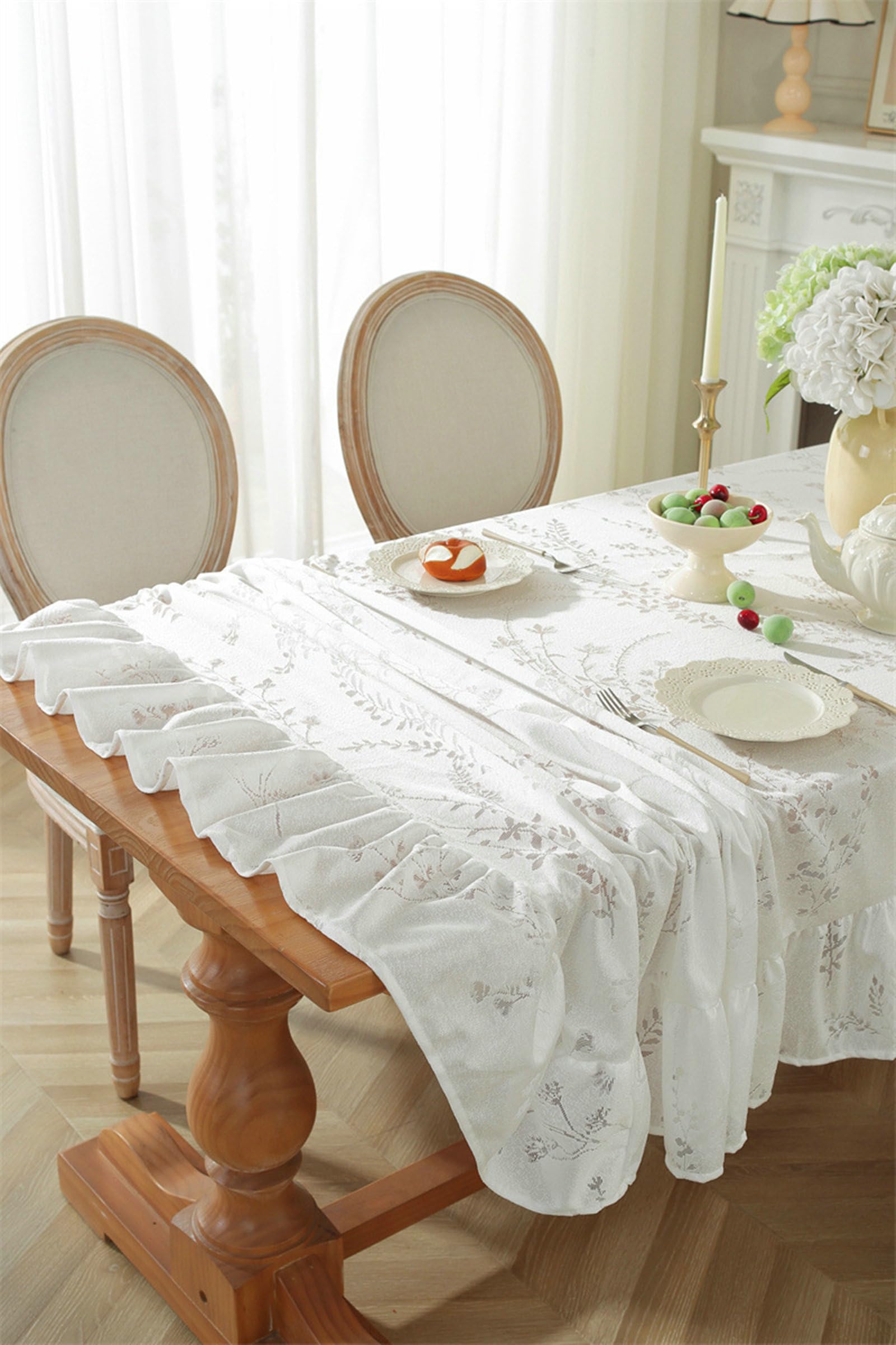 Gualiy Mantel de Mesa Rectangular Poliester, Mantel de Mesa 140 x 300 cm Manteles de Mesa Antimanchas Hojas Estampadas con Borde Ondulado Mantel para Mesa Comedor, Blanco