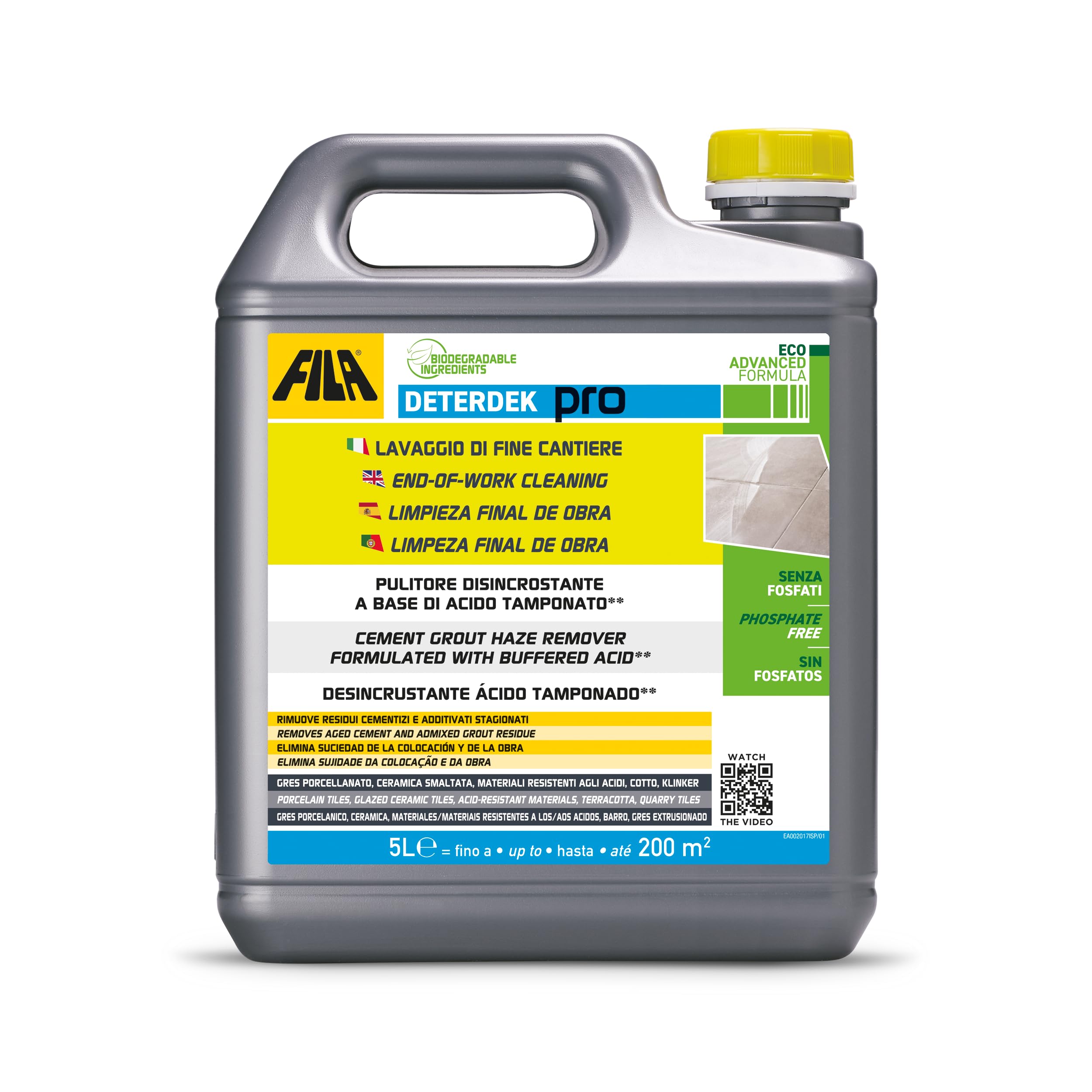 FILA Surface Care Solutions DETERDEK 5L - Concentrated Acidic Cleaner for Porcelain and Ceramic Tiles