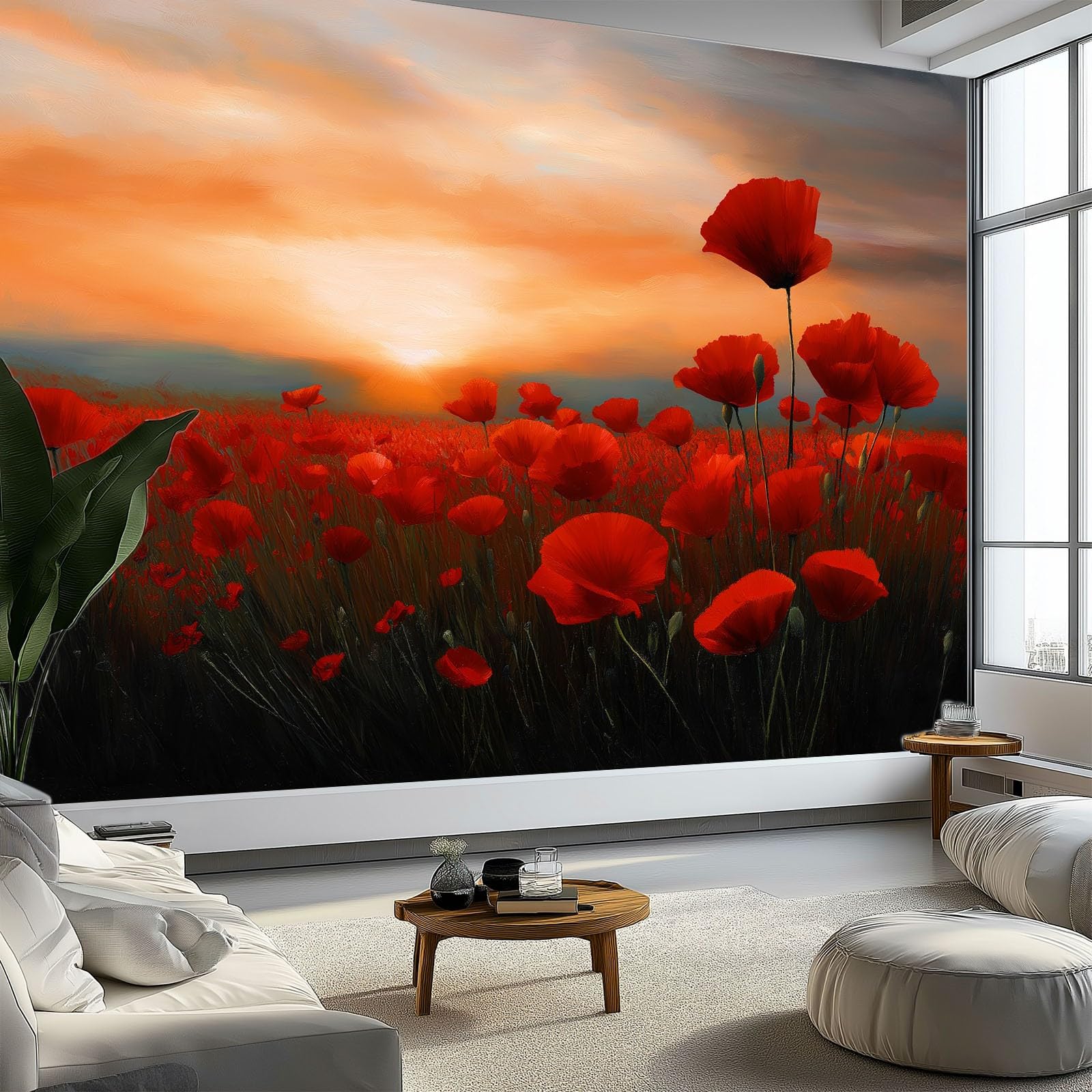 Mohnfeld tapeta z motywem zachodu słońca, czerwona, tapeta z włókniny, 350 x 256 cm, tapeta z motywem, plakat do sypialni, salonu, korytarza, panorama, obrazy dekoracyjne