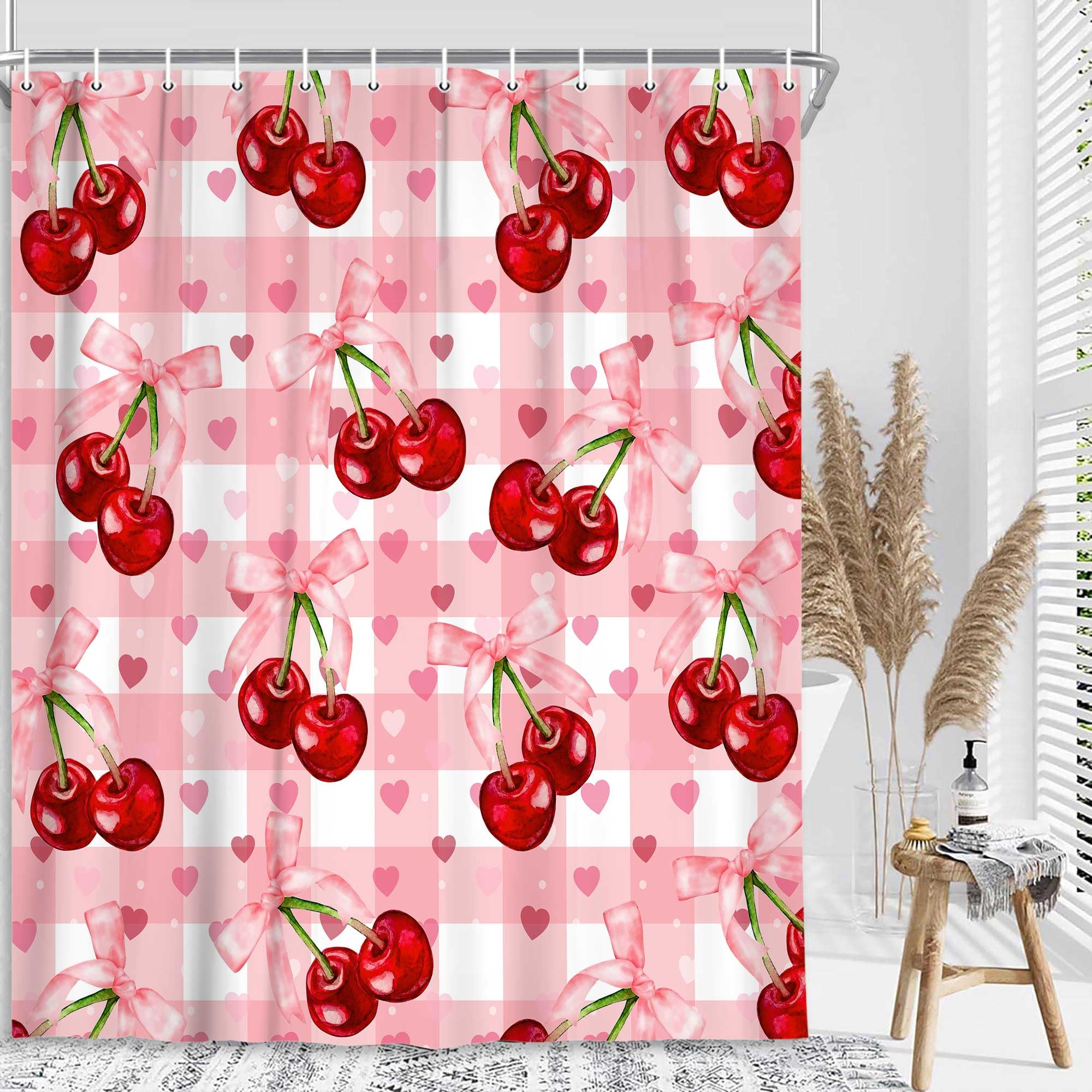 JAWO Pink Bow Shower Curtain, Red Cherry Checkered Aesthetic Shower Curtains Sets, Cute Light Pink Heart Bath Curtain Polyester Fabric Waterproof