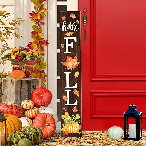 Letrero de bienvenida con texto en inglés Hello Fall para porche delantero, letrero de madera para porche con hojas para decoración de puerta