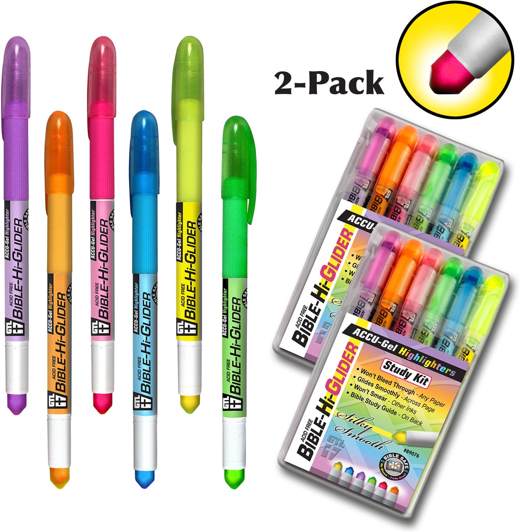 G.T. Luscombe Company, Inc. 2 Pack - Set of 6 Accu-Gel Study Kit Bible Hi-Glider Highlighters - No Bleed Through! - 6 - Gel Highlighters