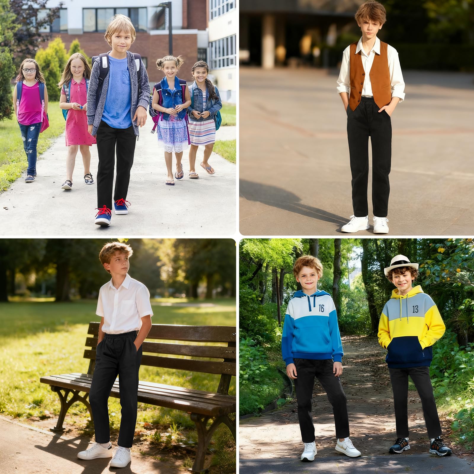 Pantalones Escolares, Pantalones Escolares Ajustados para niños, Cintura elástica, Dos Bolsillos Laterales, Negro, para Uso Diario Pantalone