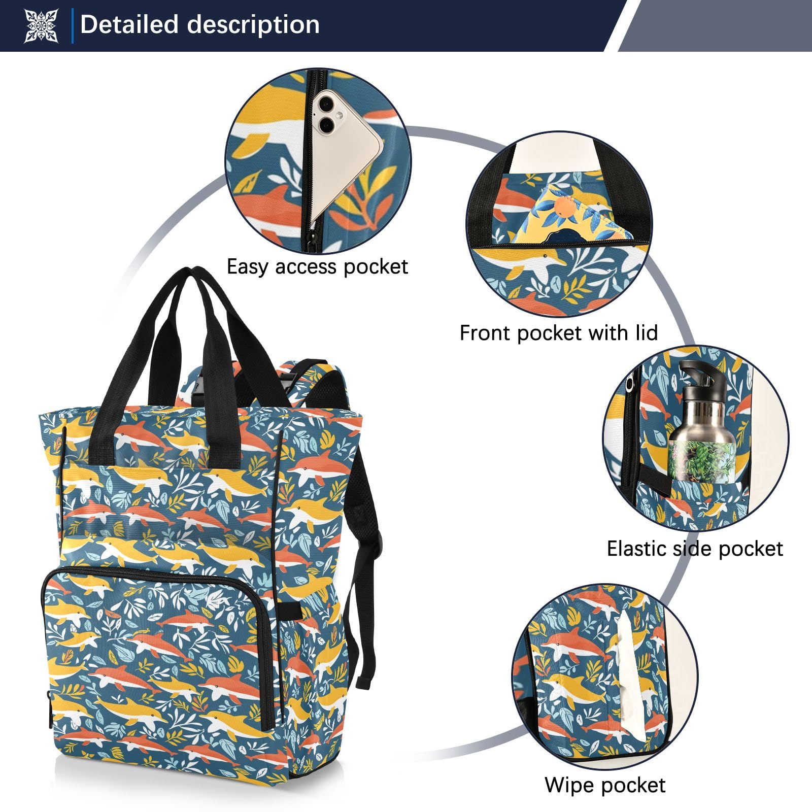 Mnsruu Leaf and Whale - Borsa per pannolini per bambini, zaino grande, impermeabile, da viaggio, per mamme e papà