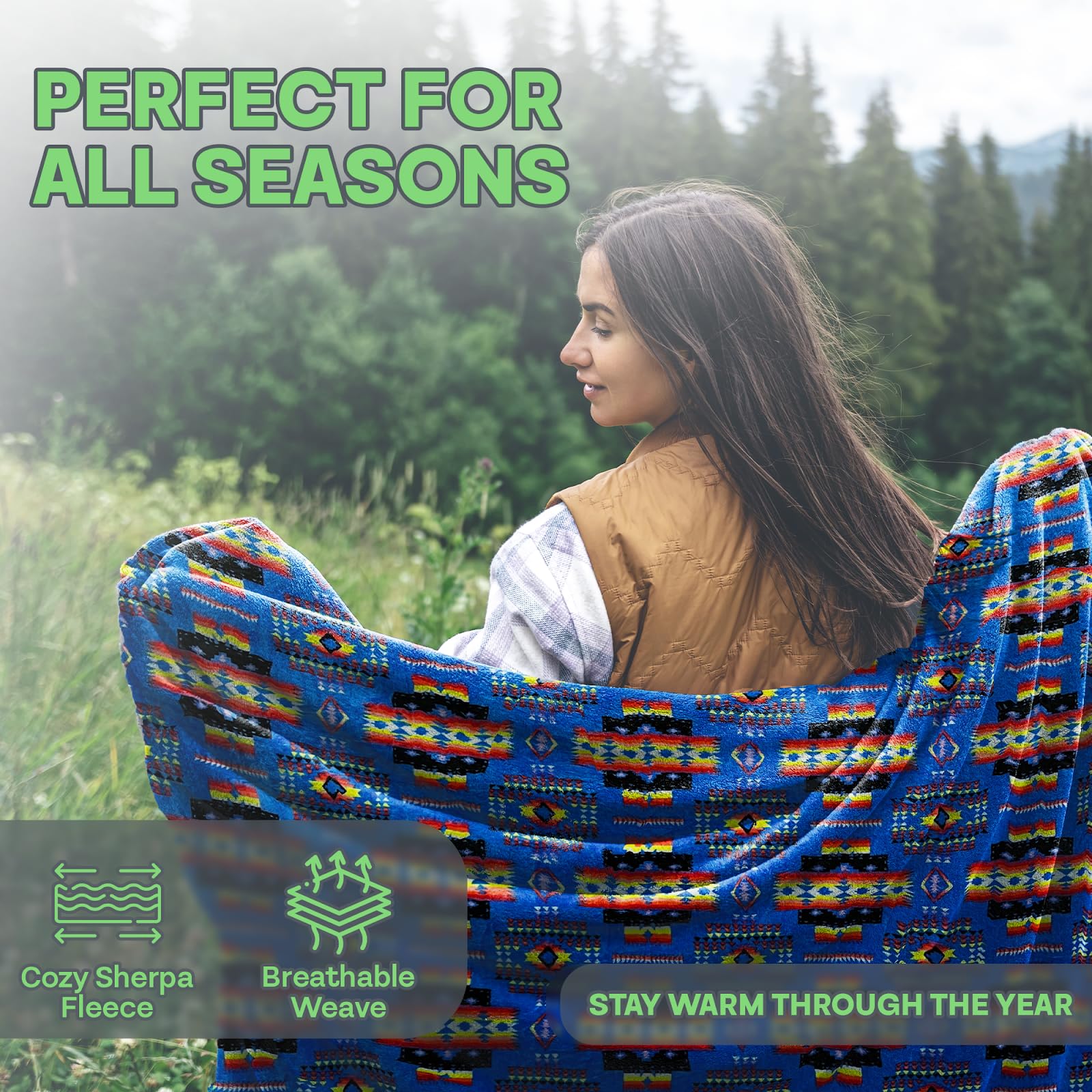 Sacred Thread Fleece Blanket 79”x95” South Western, Reversible Mexican, Vibrant Aztec Blankets and Throws for Aztec Decor for Home, Native American Big Floral Boho Blanket, Flannel Blue Queen