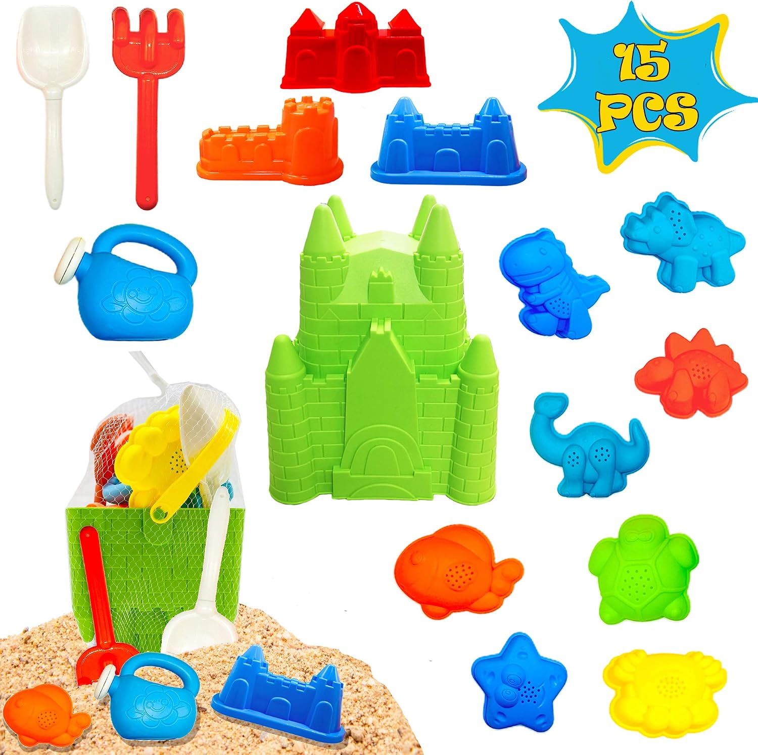 SUNYPLAY 15 Piece Beach Sand Toys Set, Beach Toys with Castle Bucket, Shovel, Rake, Watering Can, Animal and Castle Molds for Kids